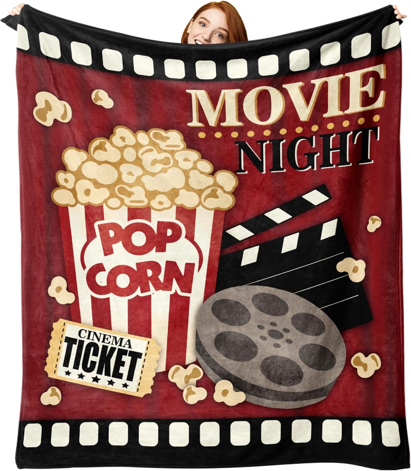 Movie Night Flannel Throw Blanket, Popcorn Cinema Ticket Gifts for Adult Kids Women Men Movie Lover, Birthday Ideas for Home Film Theater Decor Supplies 50" x 60"