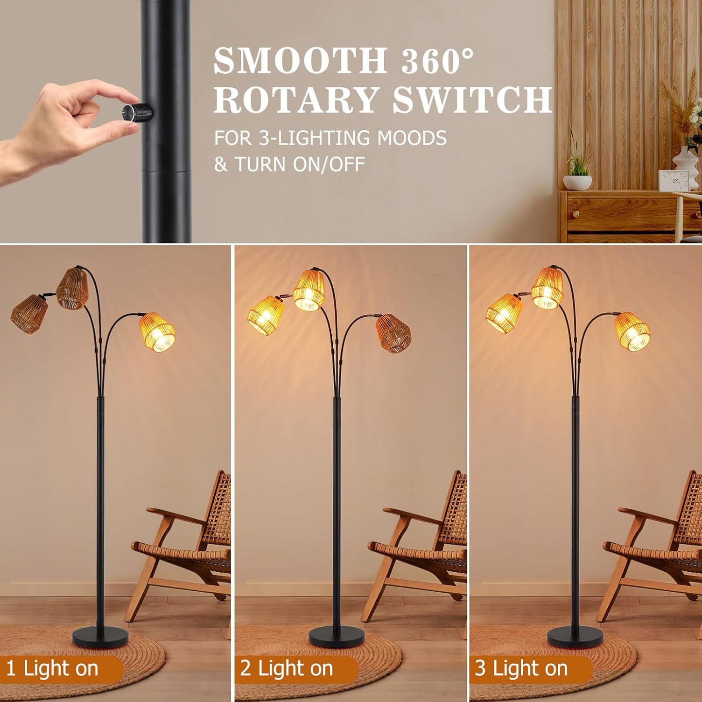 9MMML Vintage Black Arc Floor Lamp with Rotatable Arms & Rattan Lampshade, 3-Light Mode Rotary Switch Adjustable, 72.5'' Tall Standing Lamp for Living Room, Bedroom, E26 Base