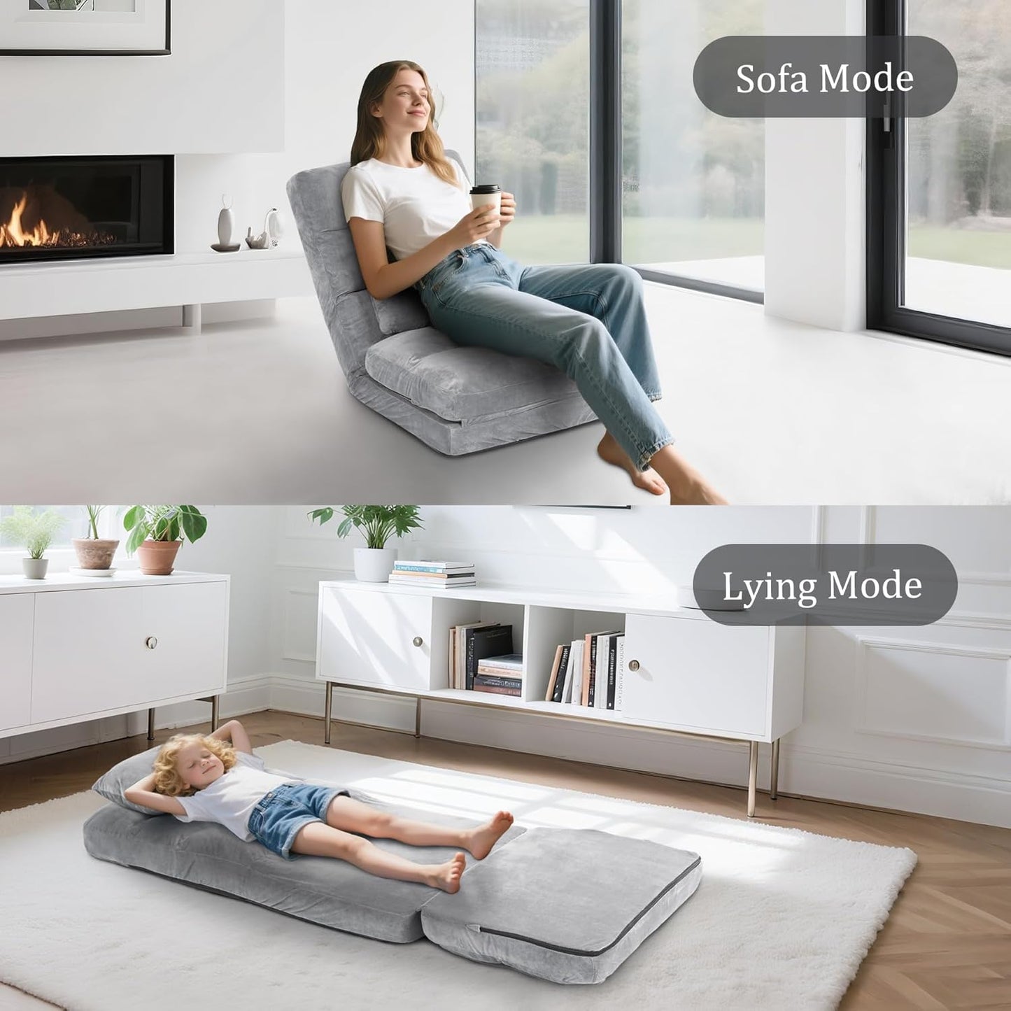Indoor Chaise Lounge Sofa, Floor Chair with Back Support for Adults, 14 Angle Adjustment Recliner Chair, Folding Floor Lounger with Pillow (Grey)