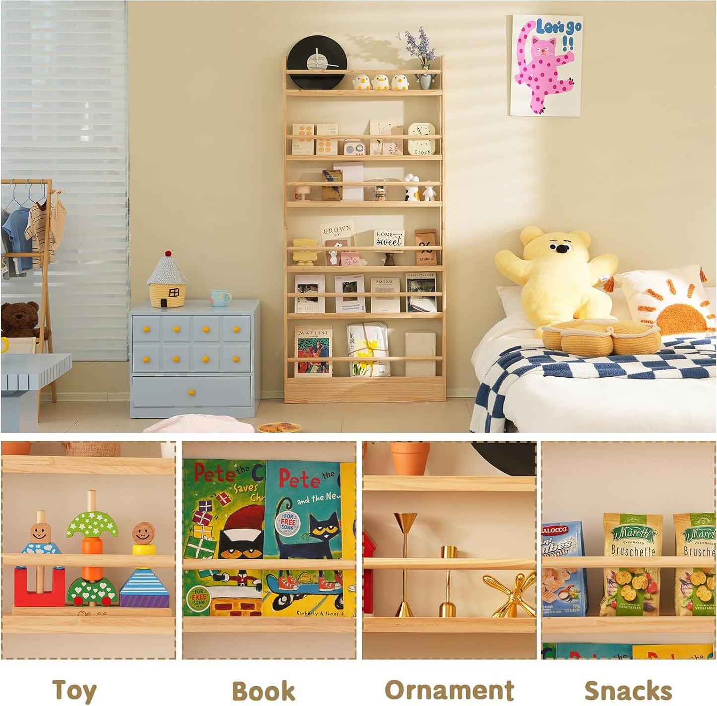 Kids Bookshelf, 6 Tier Shelves Behind The Door Book Shelf Storage, Children's Solid Wood Bookcase Space- Saving, Wall Mount Bookshelf for Bedroom, Living Room, Office and Nursery（Natural Wood）