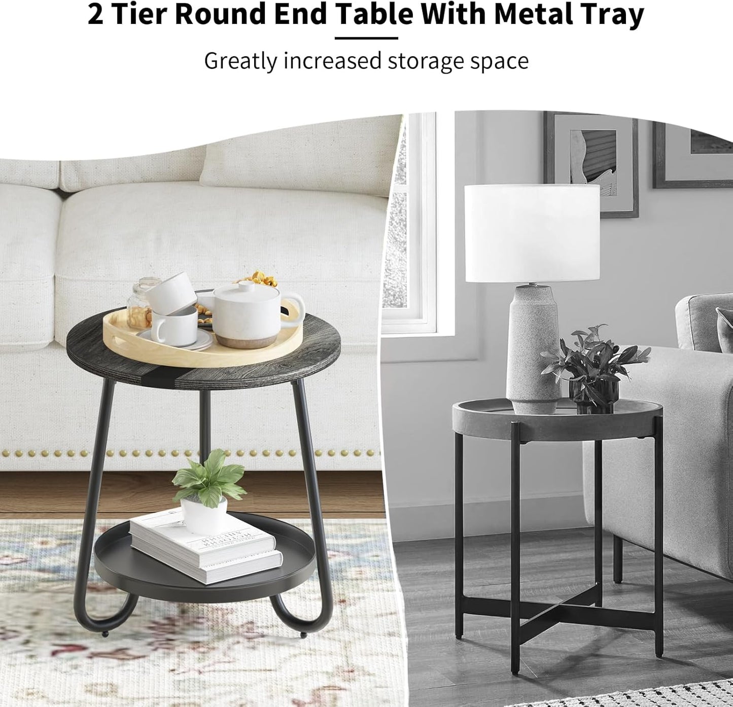 2 Tier Coffee Table in Living Room, Industrial Style Round Coffee Table with Metal Tray, Wood Small Outdoor Coffee Table for Bedroom Balcony Patio, Gray