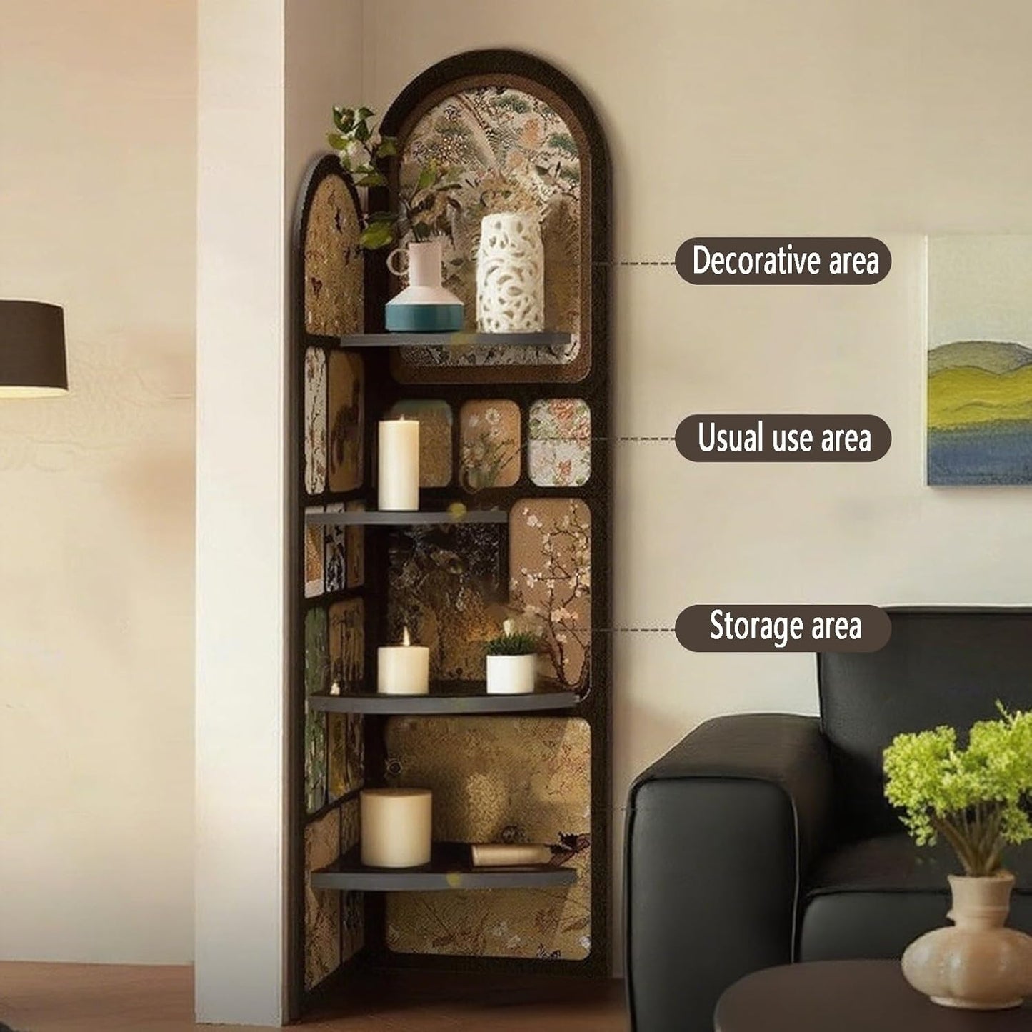 4-Tier Corner Bookcase Wood Shelf,Open Display Storage Stand Bookshelf,Fan-Shaped Storage Cabinet with Decorative Painting,Corner Wall Shelf for Living Room,Office(B,170*40cm/66.9*15.7in)