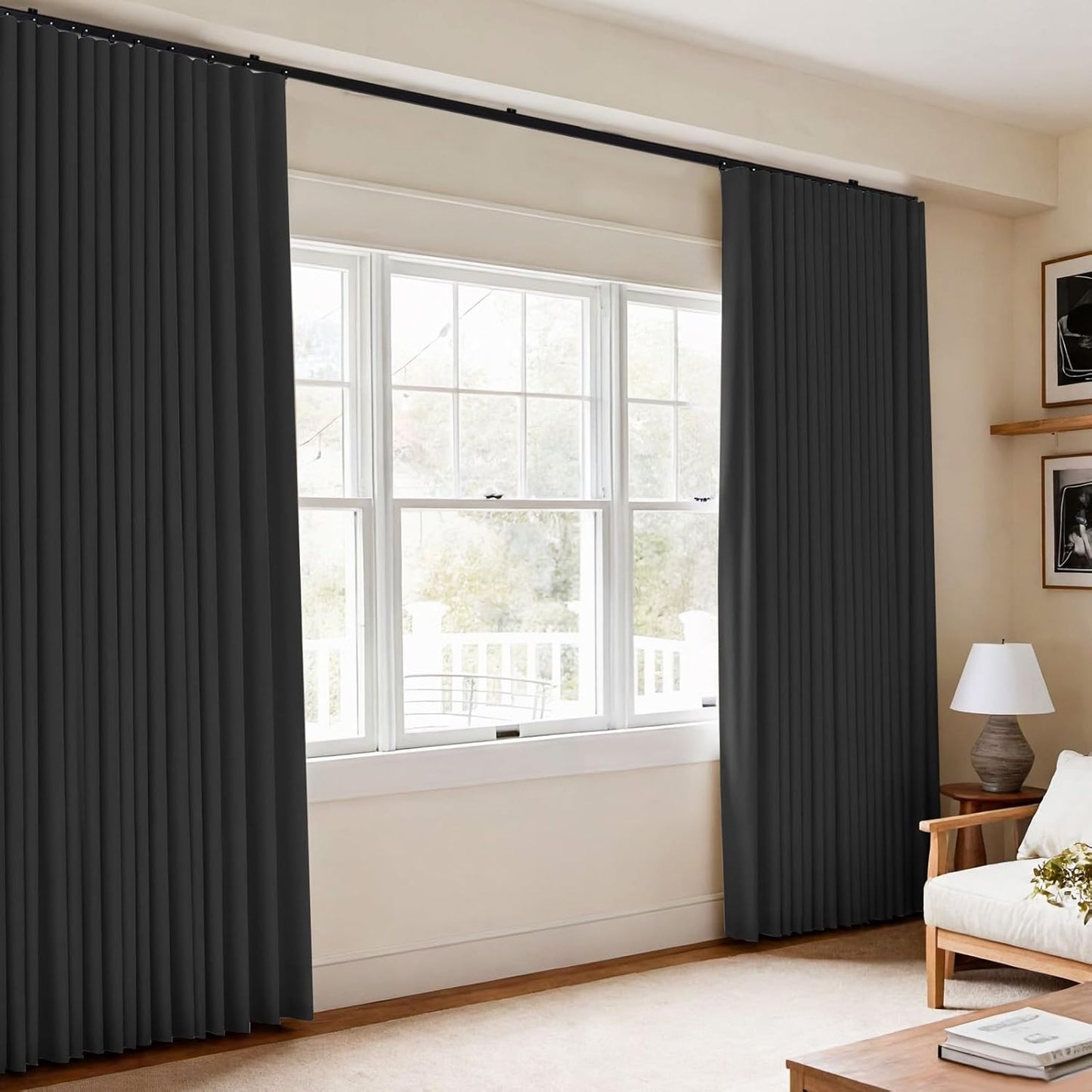 Room Divider Blackout Curtains Flexible Sliding Tracks Sets Ceiling Mounted Rod Window Curtain Privacy Separation for Bedroom Living Rooms,1 Panel Black Drape and Black Track Set-W108xH84 in