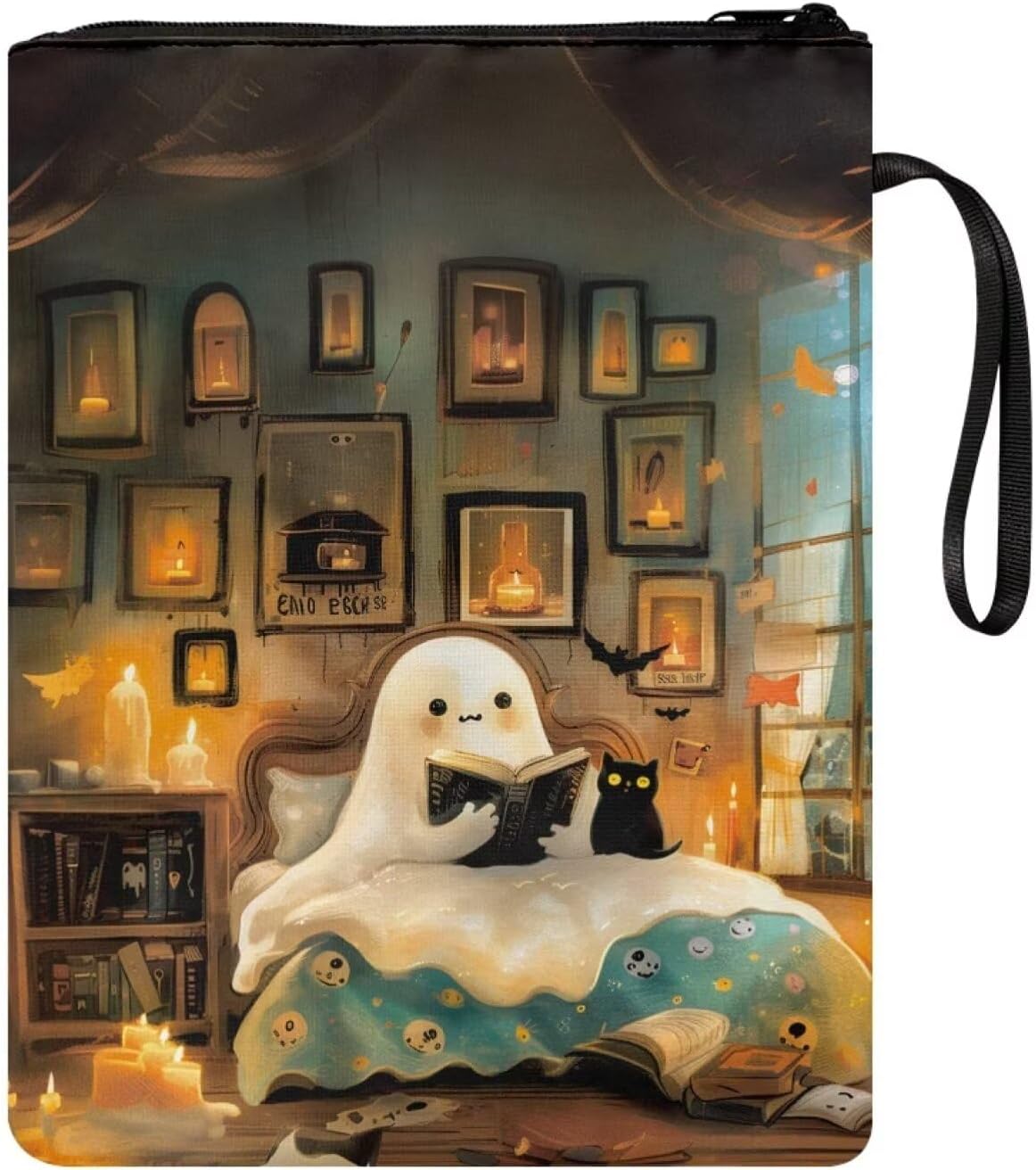 chaqlin Halloween Ghost Reading Pattern Book Sleeve with Zipper and Front Pocket, Book Covers for Paperback, 11.4 x 8.7 Inch, Bookish Gifts