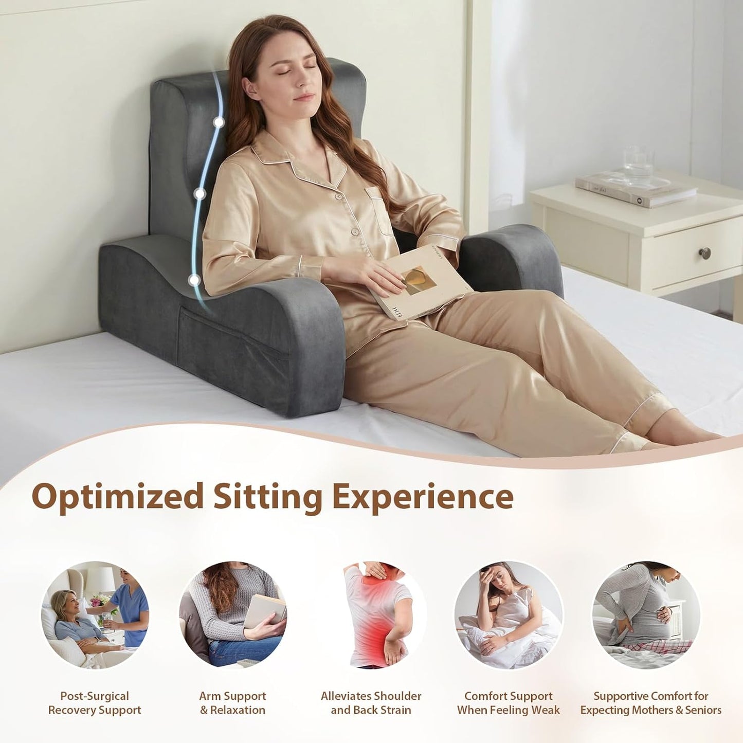 Quilmfoam Reading Pillow for Sitting in Bed Adult, Back Pillow for Sitting Up with Arms, Bed Pillow Back Support for Reading, Nursing, TV, Gaming & Working, Removable Cover, Lightweight 21"