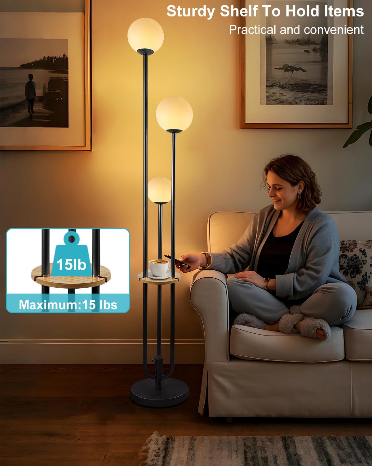 63IN Dimmable Floor Lamp with Shelf, Unique Globe Black Tall Standing Lamps Candle Holder Style, 3000K Warmwhite Mid Century Modern Floor Lamp for Living Room Home Office(Bulbs Included)