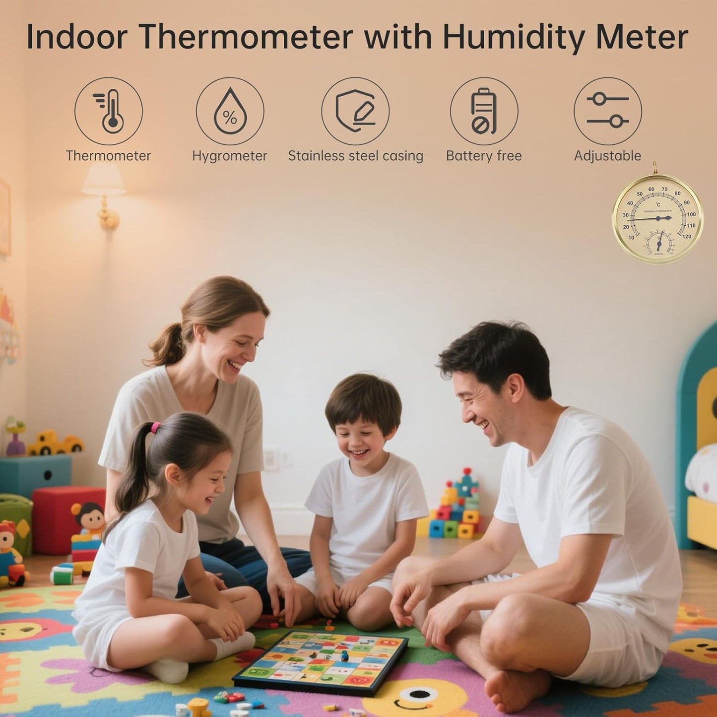 Analog Hygrometer Thermometer for Indoor Weather Dial Gauge Indicator Temperature and Humidity Monitor Hanging Hygrometer for Wall, Table, Garden, Greenhouse or Office Decorative (Gold 4.3inch)