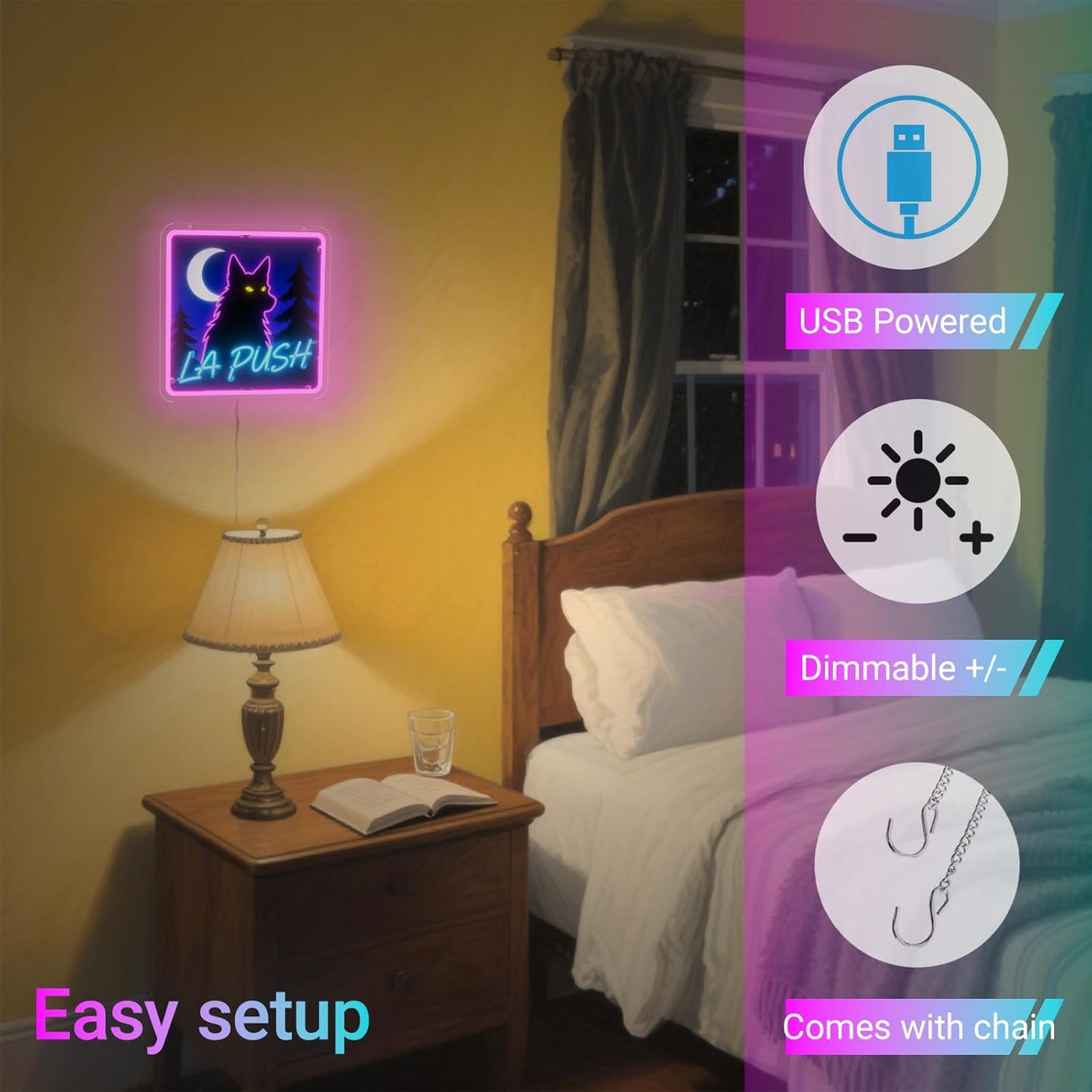 Twilig Neon Sign - 13" Pacific Wolf Moonlight Pink Coast Wall Light, Dimmable USB Decor - Forest Mystery Gift for Book Lovers
