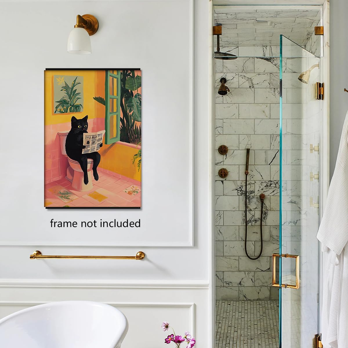 Funny Bathroom Wall Art Abstract Black Cat Sitting On Toilet Reading Newspaper Posters Cute Animal Cat Lovers Print Aesthetic Dopamine Painting For Toilet Restroom Decor 12x16in Unframed