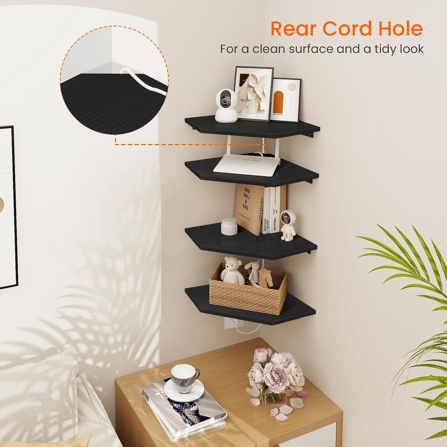 Homode Corner Floating Shelves, Corner Shelves Wall Mounted with Cord Hole, 4 Tier Diamond Shape Corner Hanging Shelving for Wall Storage, for Cable Box, TV Cords, Books, Plants, Black