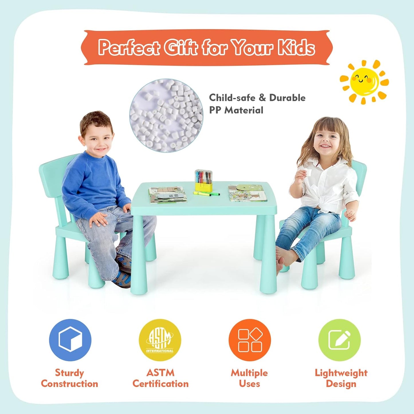 Toddler Table and Chair Set, Plastic Kid Activity Table & 2 Chairs, 3-Piece Children Playroom Furniture Set for Reading, Writing & Painting, Kids Table and Chair Set for Age 3-7 (Green)