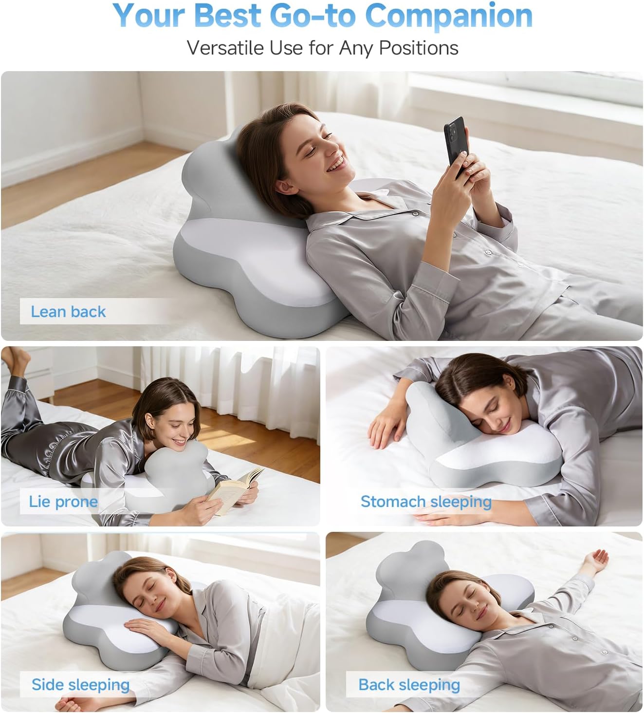 Reading Pillow for Bed, Memory Foam Bed Wedge Pillow with Neck,Chin & Back Support for Lying, Leaning, and Prone, Ergonomic Cervical Neck Pillows, Reading Wedge Pillow for Headboard (Grey)