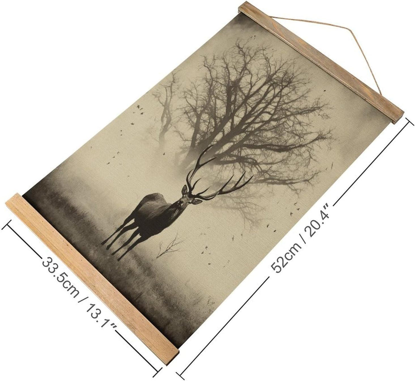 Vintage Abstract Tree Elk Picture Poster with Wooden Frame Personalized Linen Hanging Scroll Painting Rustic Wall Hanging Illustrative Modern Artwork Decor for Home Living Room Bedroom Office