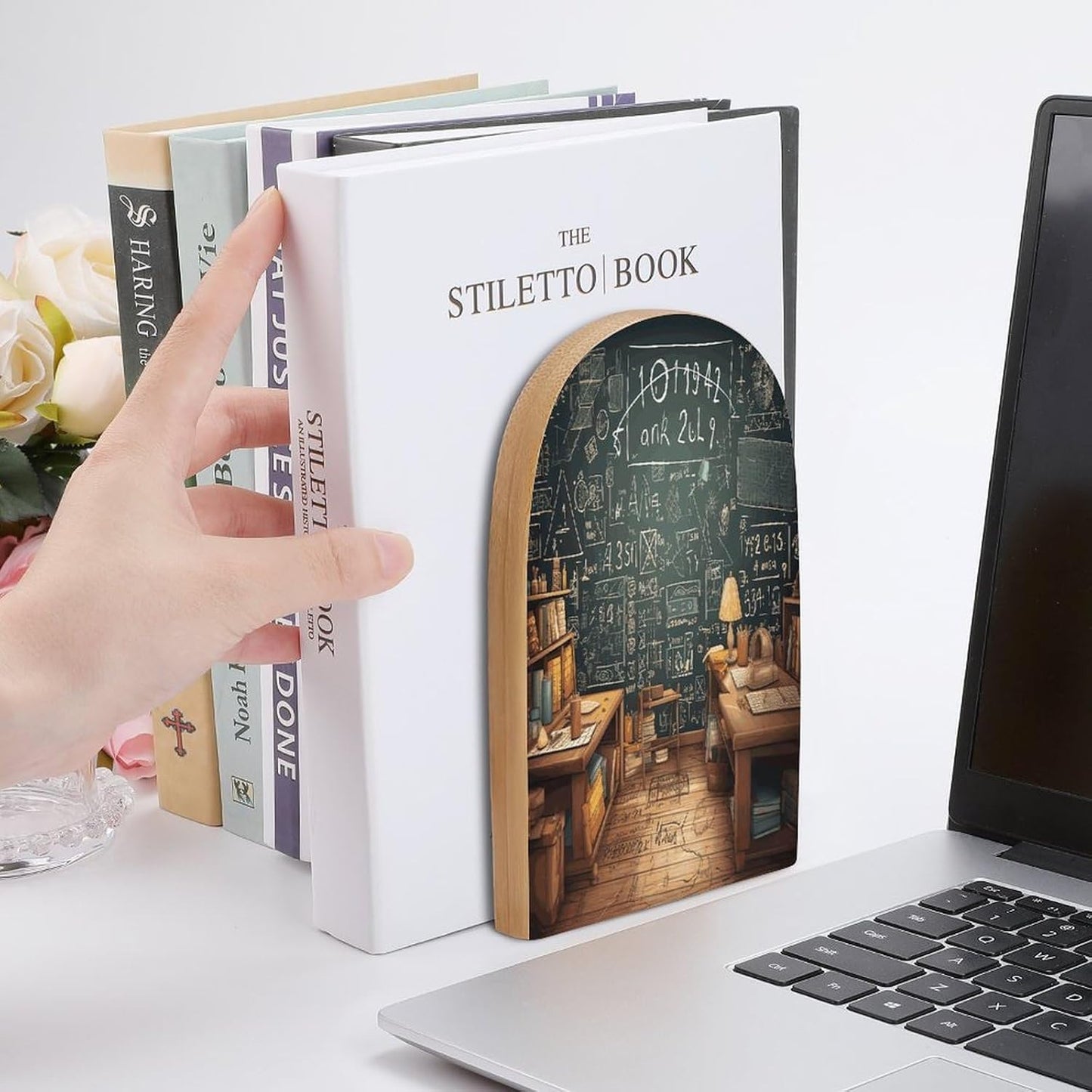 School Math Wooden Bookend Non-Slip Book Ends Heavy Duty Book Stopper with Metal Base Books Holderd Decorative Bookends Stands Firmly for Office Supplies