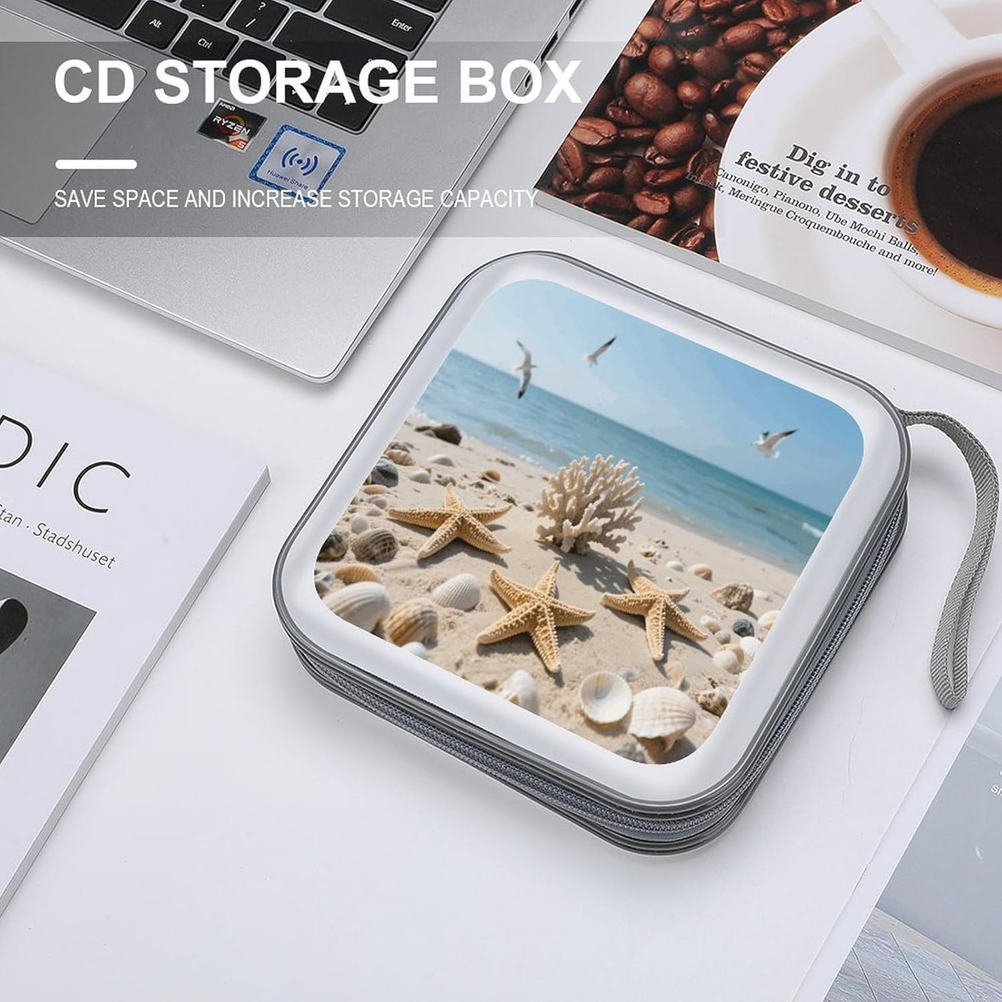 Sea Shells And Starfish CD Case Portable Zipper CD Case 40 Capacity Hard Plastic DVD Cases Holder Large Storage Disc Wallet Bag for Car Home Travel DVD Collection Bag