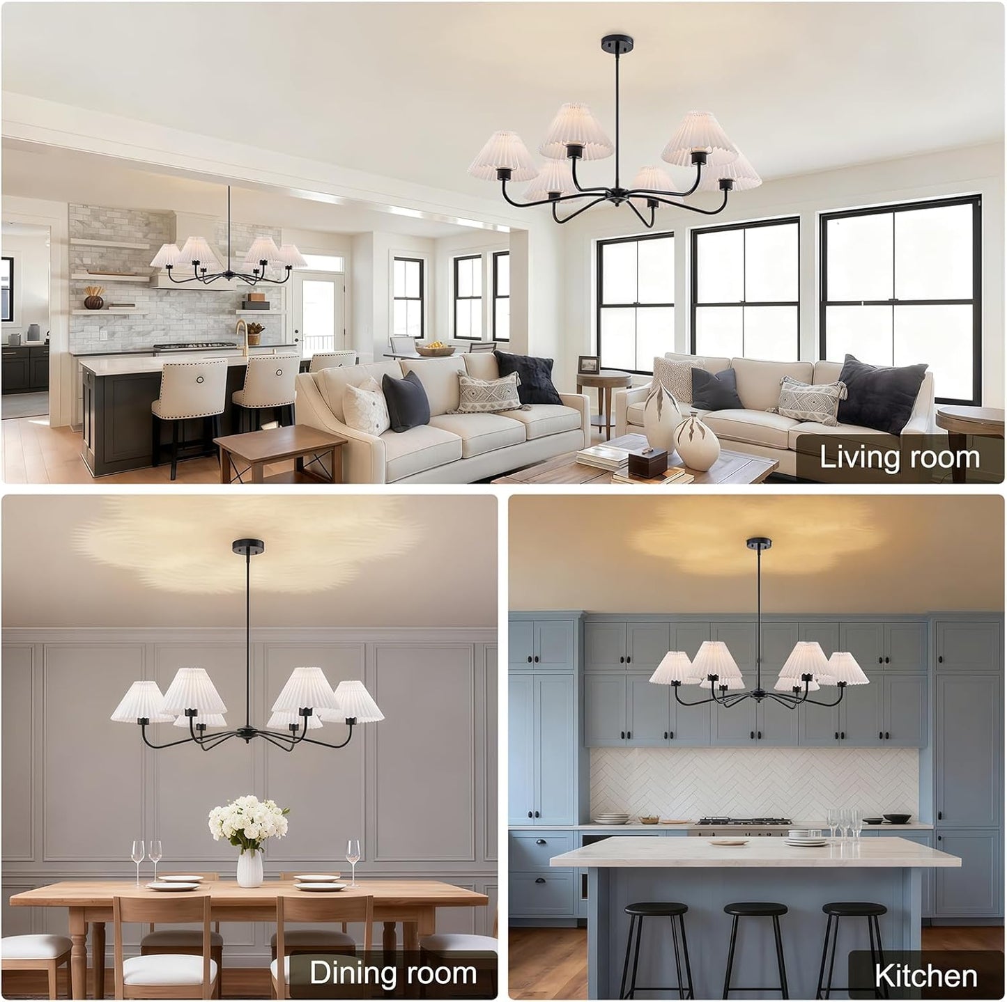 35.8'' Modern Farmhouse Chandelier with White Pleated Fabric Shades, 6-Light Black Hanging Pendant Light Fixture for Dining Living Room Kitchen Island Bedroom Foyer E26 Base