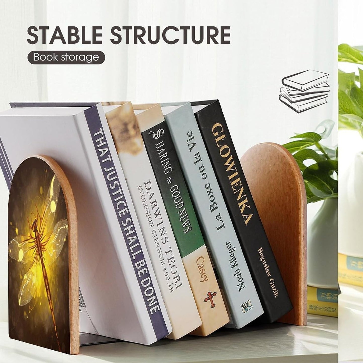 Abstract Yellow Dragonfly Bookend for Shelves Wooden Book End Large Size Sturdy Book Holders Stoppers with Metal Base for Bookshelves Slick Decorative Bookends Stands