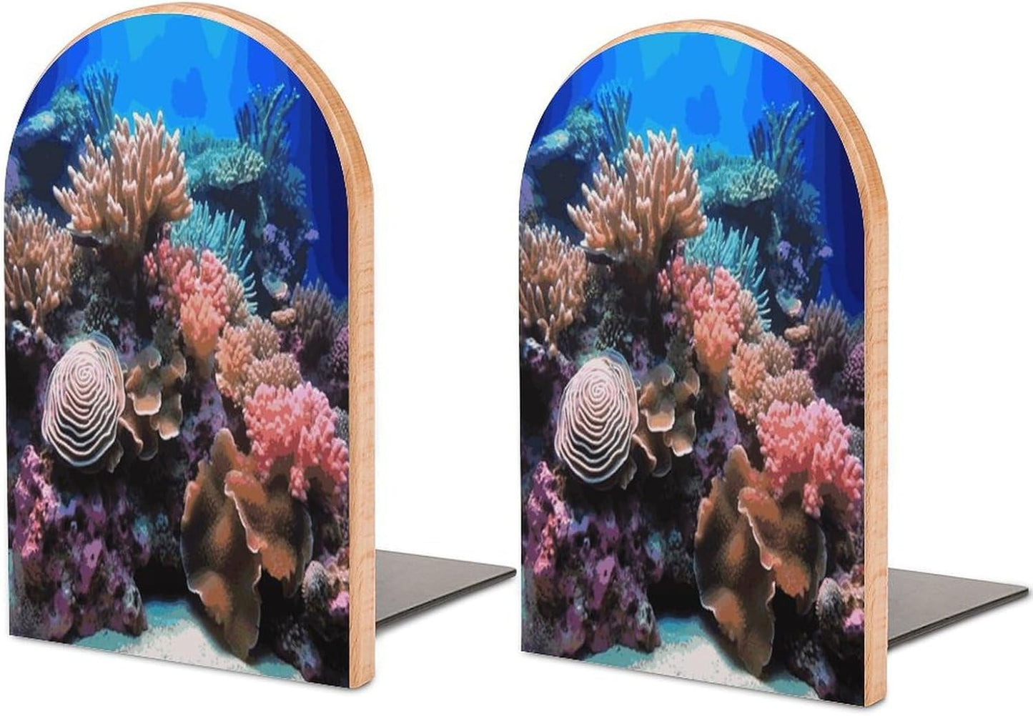 Underwater World Coral Bookends 1 Pair Heavy Duty Book Ends for Shelves Non-Skid Bookend Supports Wooden Book Holders with Metal Base Desk Organizers Books Storage to Hold Books