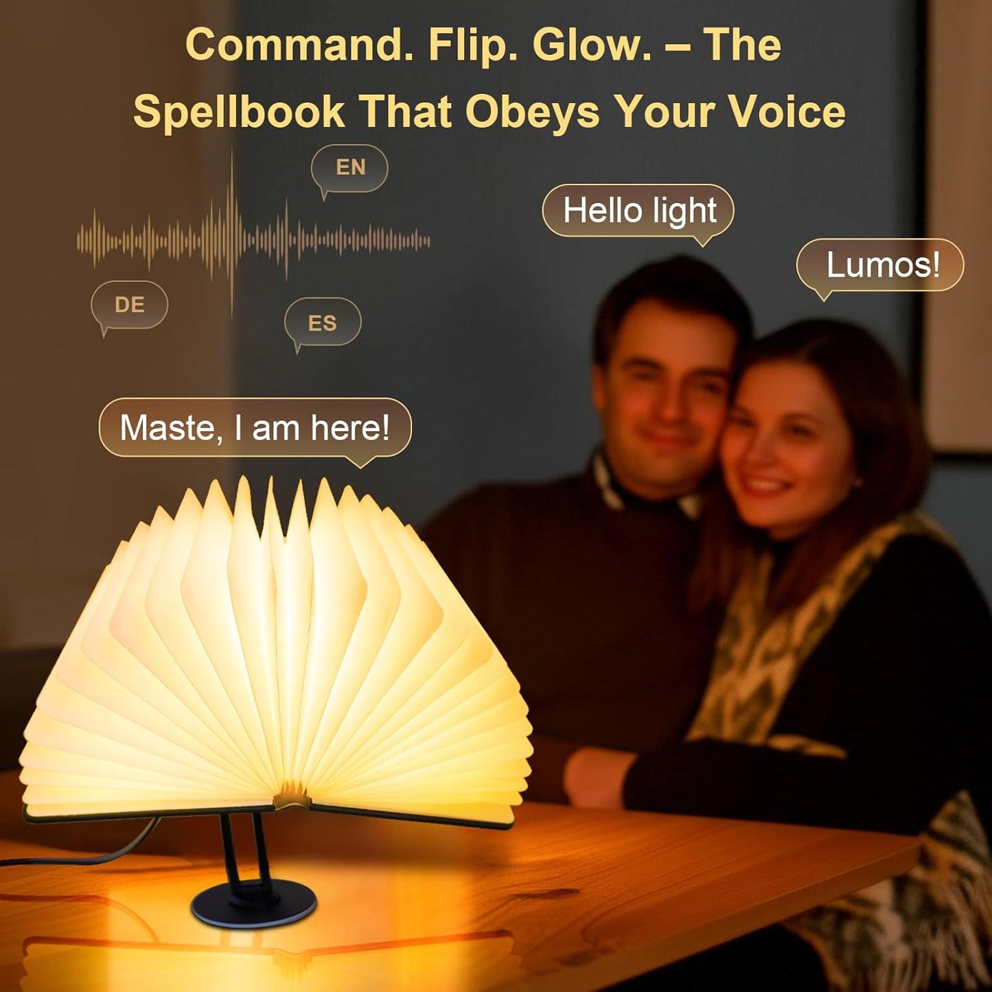 Enchanted Book Lamp AI Voice Activated | Auto-Flip Magic Lighting for Fantasy Fans, Spell-Casting Decor in Home Office (Antique Brass) (Art Deco 2)