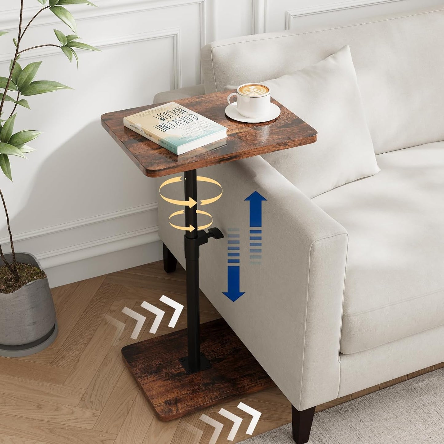 TV Trays for Eating on Couch - Height Adjustable C Shaped End Table with 360° Swivel, Slide Under Sofa Side Table for Small Spaces, Snack Table for Bed Chair Living Room Bedroom Laptop, Rustic Brown
