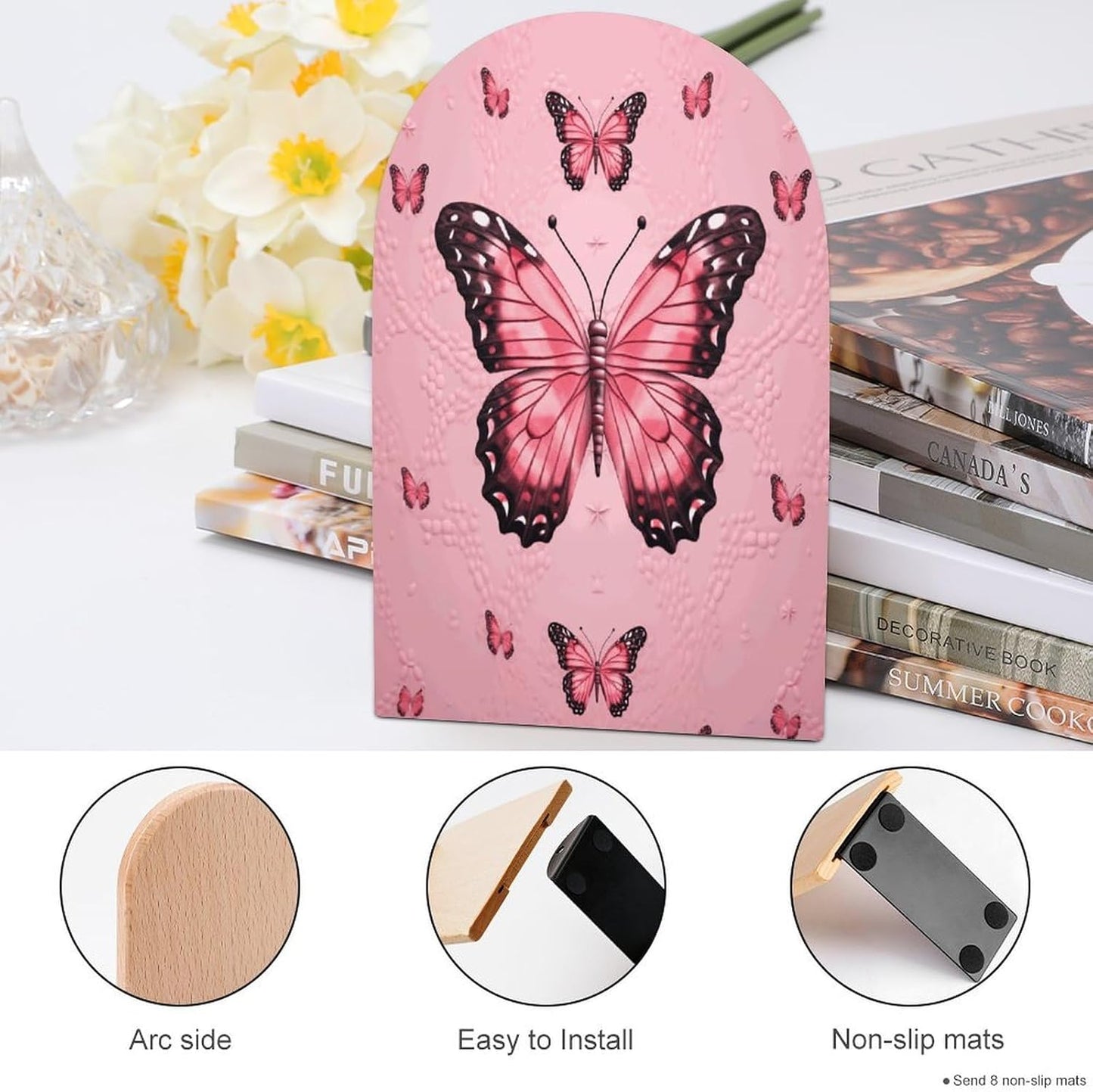 Butterfly Pink Bookend for Shelves Wooden Book End Large Size Sturdy Book Holders Stoppers with Metal Base for Bookshelves Slick Decorative Bookends Stands