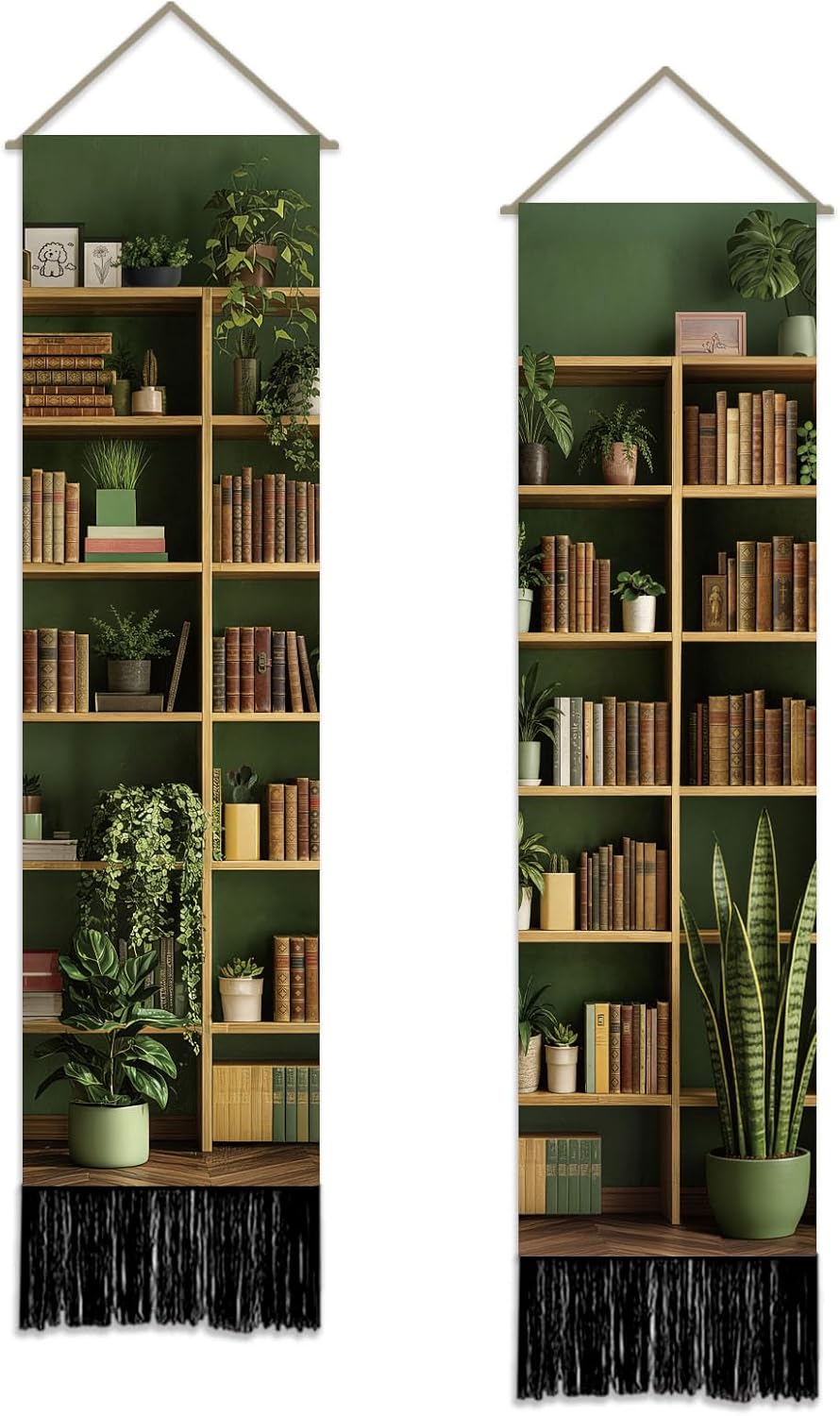 SUPERDANT 2 Pcs Bookshelf Tapestry Vertical Wall Hanging Long Polyester Fade-Resistant Colorful Bookshelf Print Tapestry Set for Bedroom Living Room Office Entryway Decor