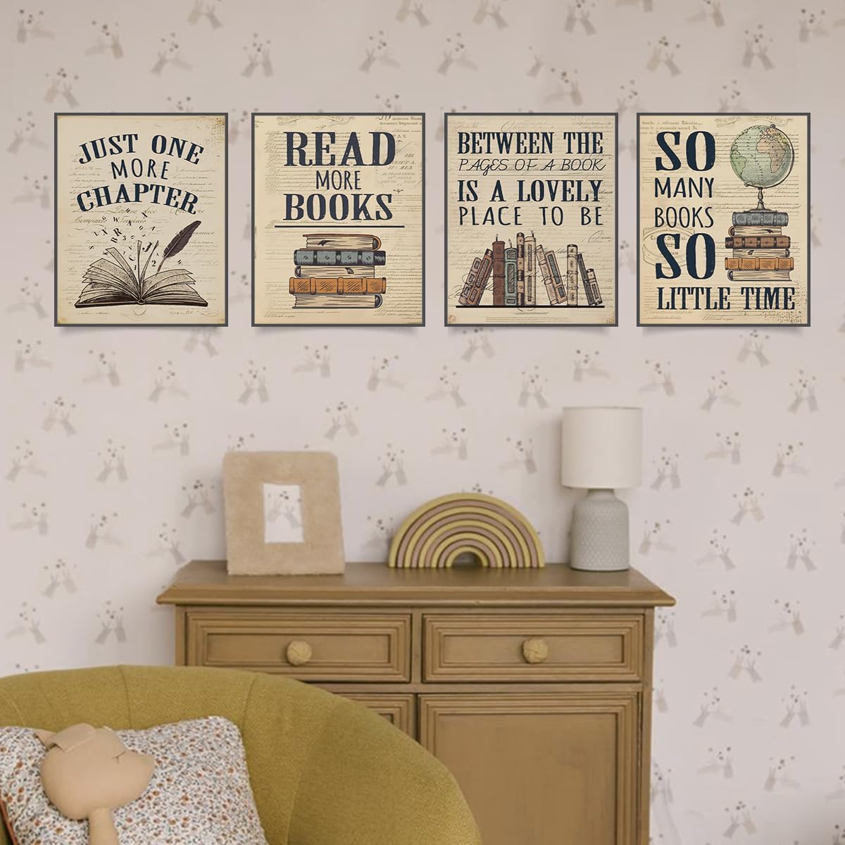 PLKMN Vintage Reading Posters for Library, Bookish Gifts, Book Club Decorations Party Decor, Vintage Book Wall Art 8x10, Wall Decor for Reading Nook High School Classroom, Set of 4 Unframed