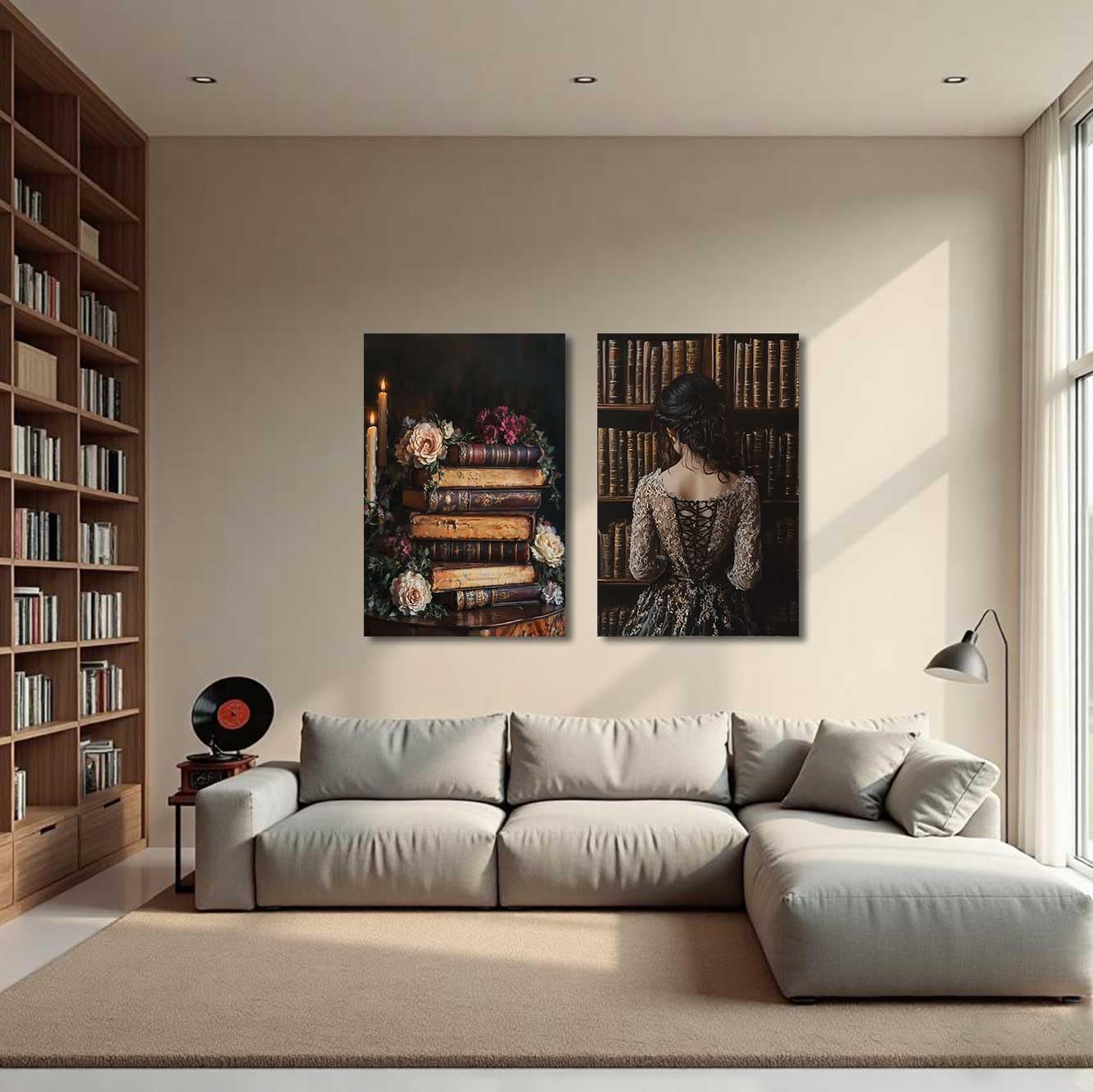 BJYCHG 2Pcs Vintage Women Reading Wall Art Moody Flower Books Canvas Prints Victorian Woman Pictures Dark Academia Aesthetic Paintings Bedroom Office Decor Framed (Black, (12x16inx2 Pieces))