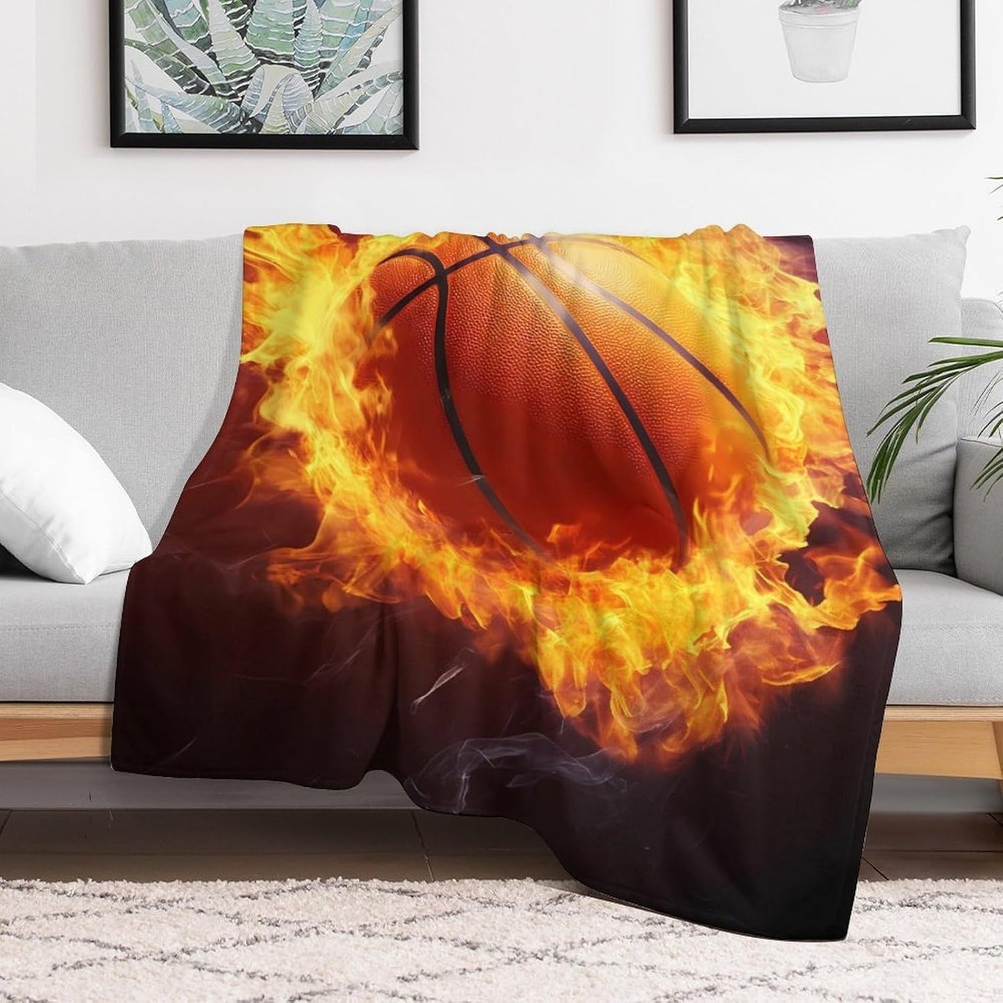 Fire Basketball Throw Blanket for Couch Bed Plush Cozy Fuzzy Flannel Blanket for All Season 66"x90"