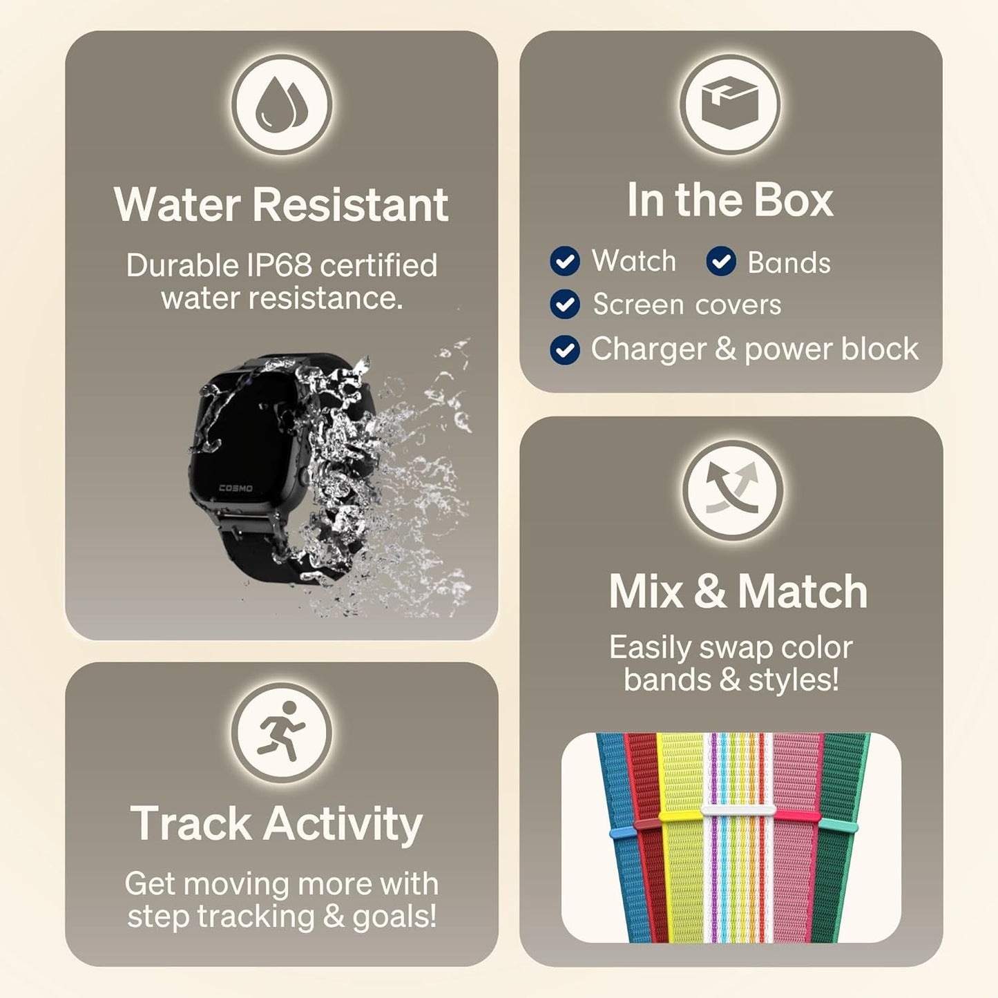 JrTrack 5 Kids Smart Watch by Cosmo | Best Kid-Safe Phone Watch | Precision Real-Time GPS Tracking | Call, Text, Activity, School Settings | Spotify Music | Parental Controls | SOS & Safety Alerts