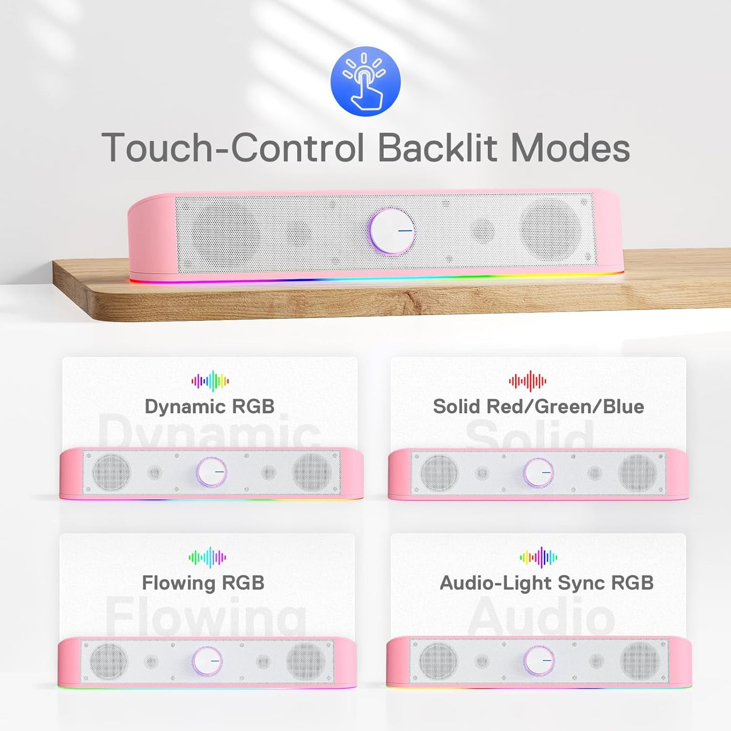 Redragon GS560 RGB Desktop Soundbar, 2.0 Channel Computer Speaker with Dynamic Lighting Bar Audio-Light Sync/Display, Touch-Control Backlit with Volume Knob, USB Powered w/ 3.5mm Cable, Pink