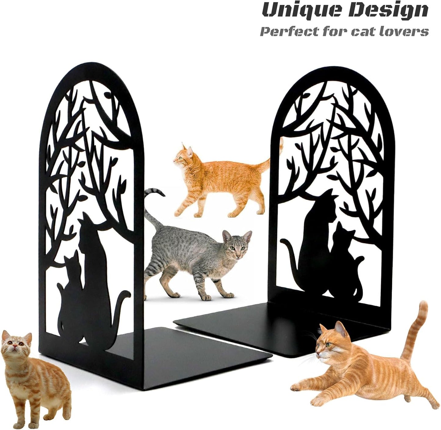 Book Ends, Bookends, Metal Bookend, Cat Decorative Bookends, Bookends for Shelves, Home Decorative Bookends for Heavy Books, Black Non-Skid Book Stopper, 7 x 4.7 x 4 inch (2 Pair)