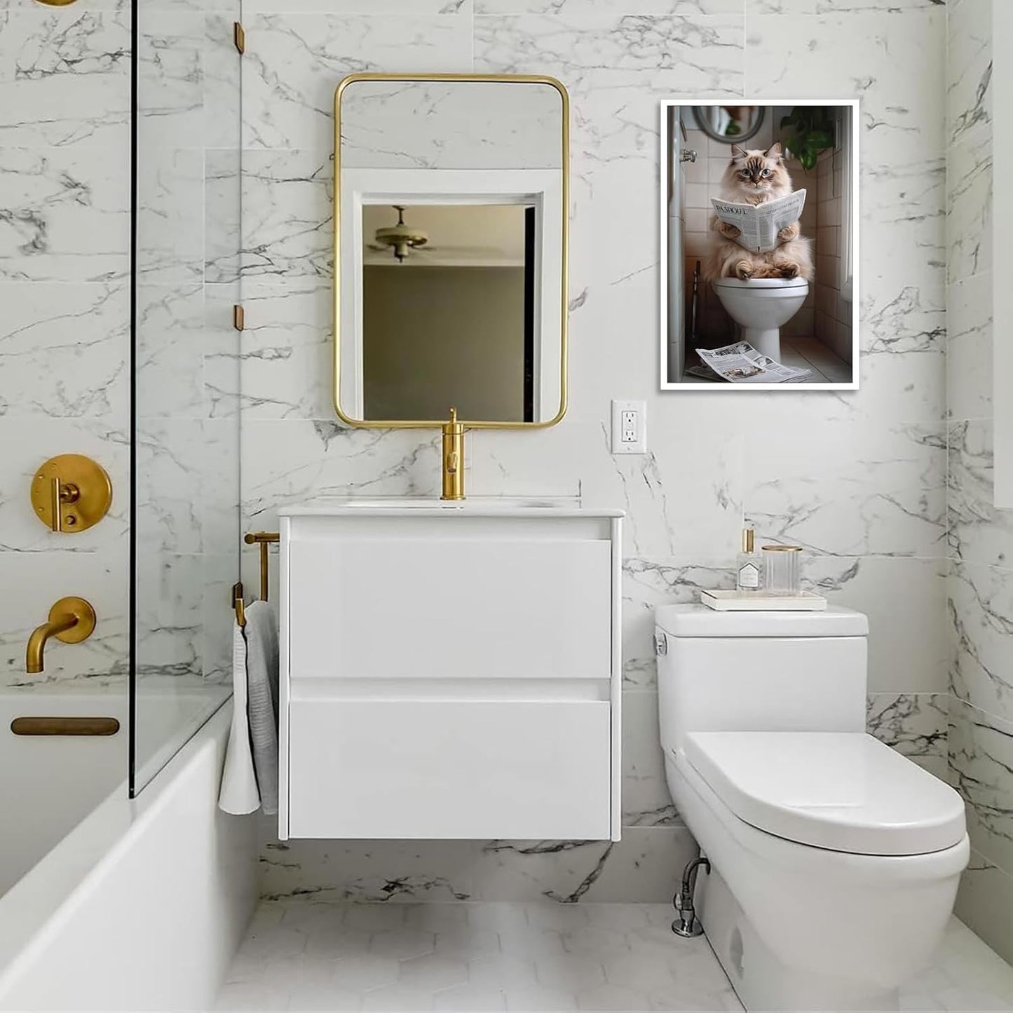 Cute Bathroom Cat Canvas Wall Art Funny Pets Cat Reading Newspaper On The Toilet Poster Funky Humorous Animal Pictures Prints Painting For Home Restroom Bathroom Wall Decor 12x16in Unframed