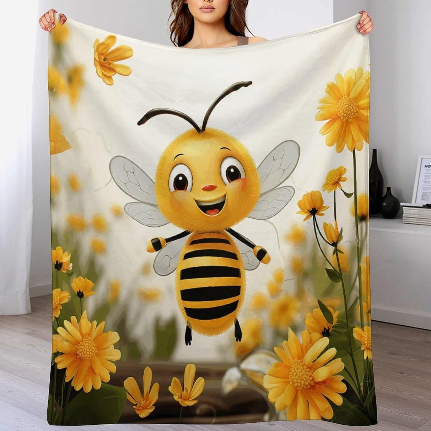 Cute Bees Daisy Flower Throw Blanket for Couch Super Soft Warm Lightweight Throw Blankets Cozy Flannel Bed Blanket Cute Decorative Blankets for All Seasons Home Decor Gift 50"*60"（130 * 150cm）