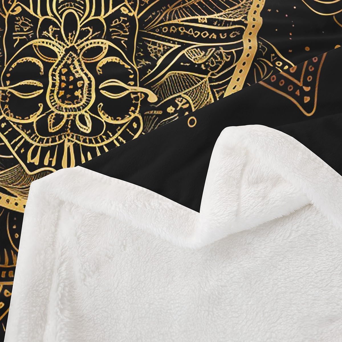 Gold Hamsa Hand Throw Blanket Black Gold Mandala Fleece Blanket Boho Bed Blanket for Kids Teens Boys Girls Room Decor, Lucky Hand of Fatima Flannel Blanket, Twin Size (60 x 80 Inches)
