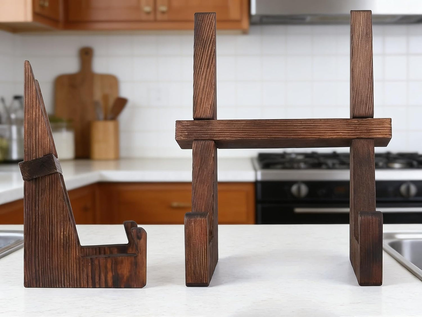 Wooden Cookbook Stand for Kitchen Counter – Rustic Farmhouse Recipe Holder & Tablet Display – Portable Cross-Type Book Rest for Thick Textbooks, Bibles, and iPads with Deep Ledge