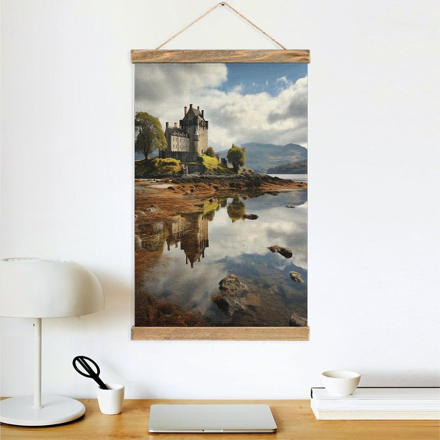Vintage Scotland Castle Water Lake Scottish Poster with Wooden Frame Personalized Linen Hanging Scroll Painting Rustic Wall Hanging Illustrative Modern Artwork Decor for Home Living Room Bedroom Offic