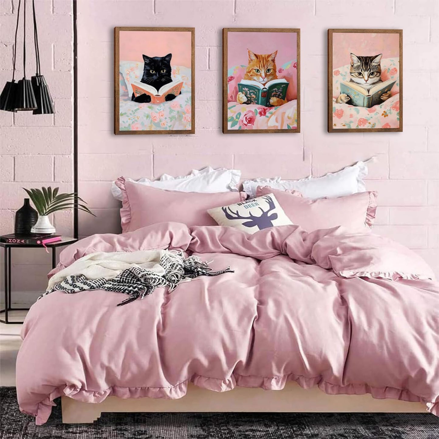 Cute Cat Wall Art Set of 3, Vintage Funny Black Cat Book Canvas Wall Decor, Pink Animal Reading Books Picture Print for Boby Room Bedroom Living Room Home Decor 12x16 Wood Framed