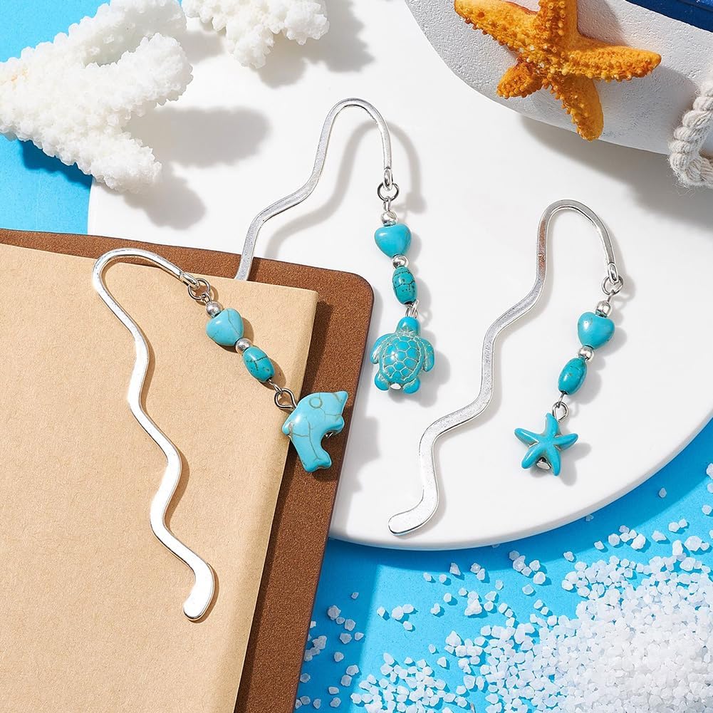 CRASPIRE 6Pcs Ocean Metal Bookmarks Starfish Dolphin Turtle Alloy Wave Shaped Vintage Summer Antique Silver Turquoise Beads Gemstone Beading Pendant Tassel for Book Lovers Teacher Student Birthday