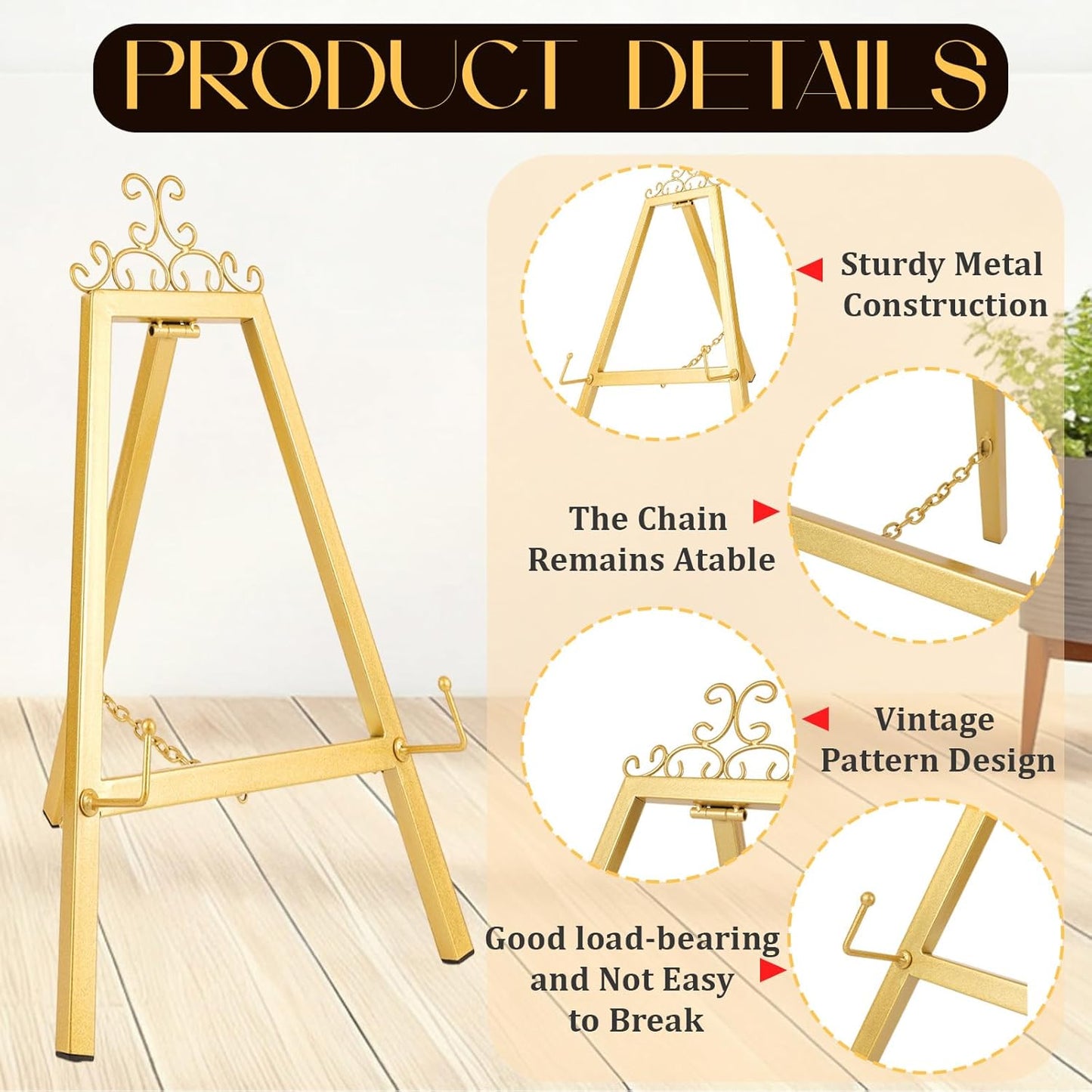17'' Gold Tabletop Easel Stand for Sign, Metal Display Stand with Chain Support, Vintage Decor Art Easel for Display, Tabletop Picture Frame Stands for Home Wedding Photos Painting Artwork