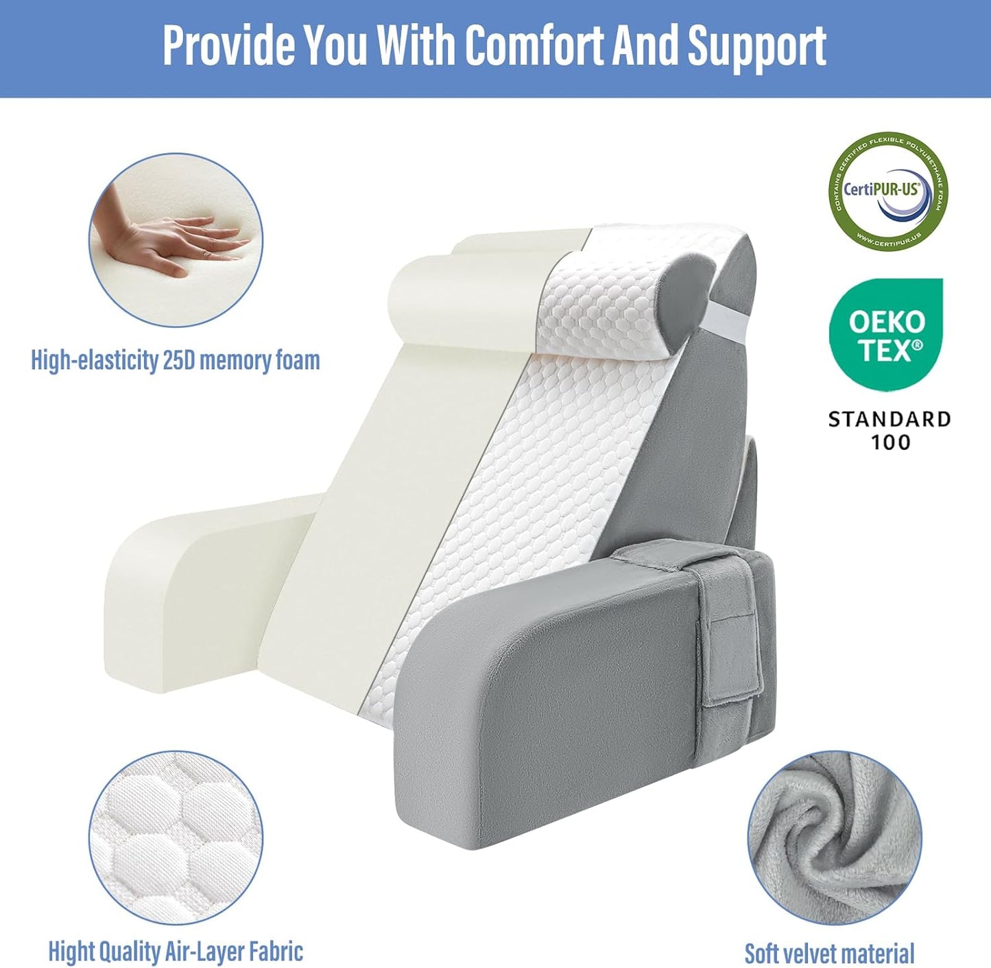 LEBENGURU Reading Pillow for Sitting in Bed Adult, Back Support Pillow with Detachable Headrest & Armrests for Watching TV in Floor,Bed Chair Backrest Pillow for Working/Relaxing/Gaming