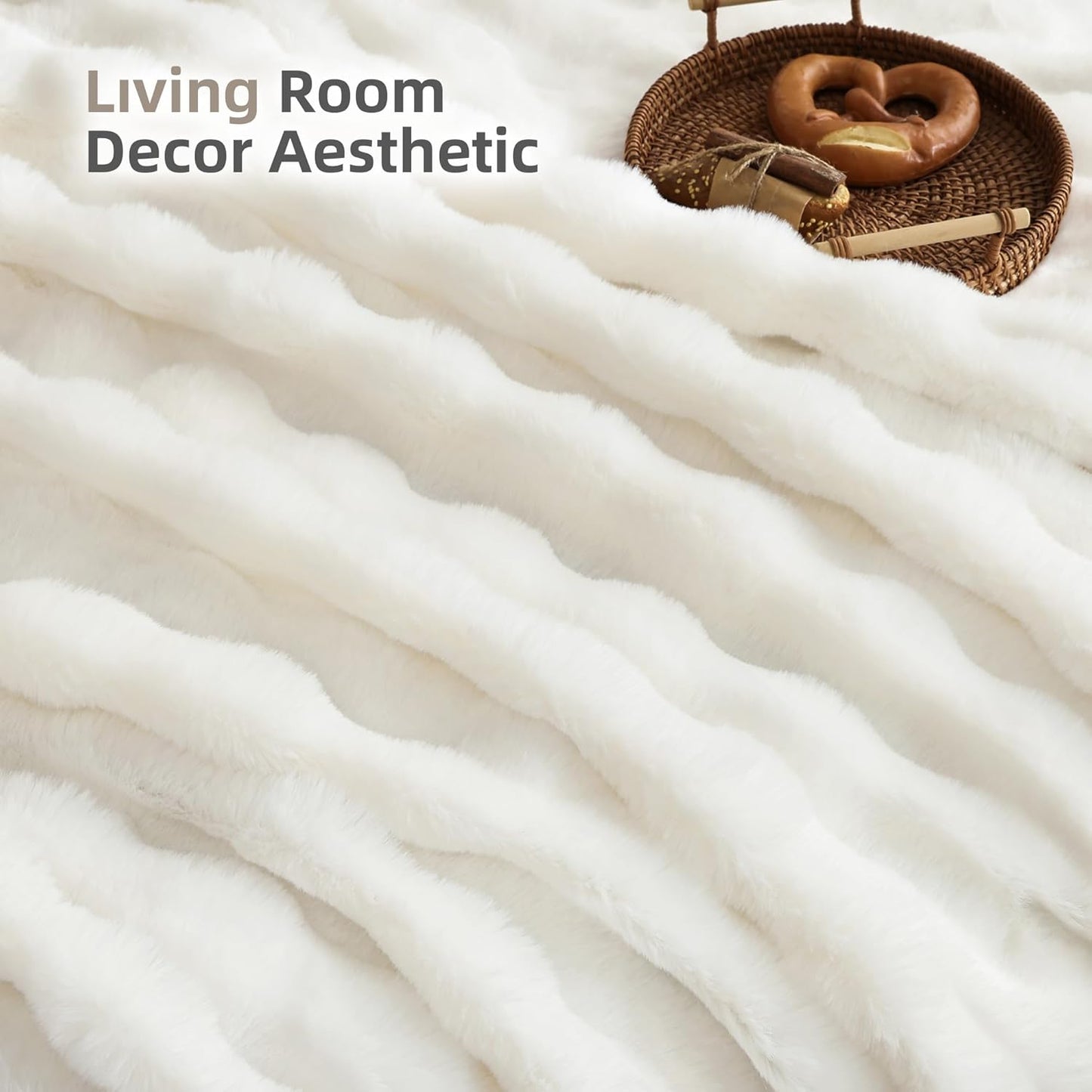 Smoofy Faux Fur Throw Blanket for Couch – Cream White Fluffy Cozy Rabbit Fleece, Plush Soft Bubble Blanket for Sofa & Bed, for Mom, Warm Fuzzy Home Room Decor Throw 50" x 60"