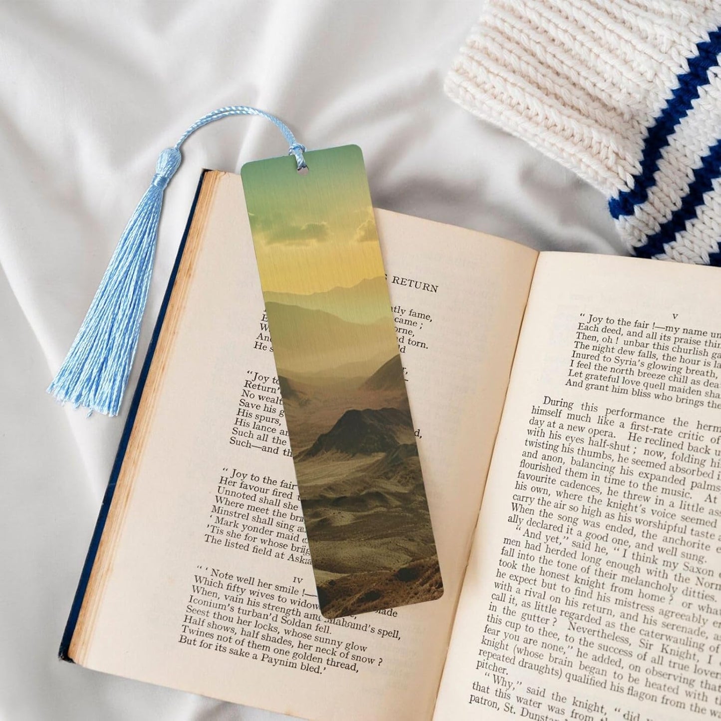Sunset in Valley Bookmarks Gifts for Women Men, Wooden Bookmarks for Book Lovers, Vintage Book Marks Ornaments with Tassel, Unique Personalized Reading Page Markers Sky Blue