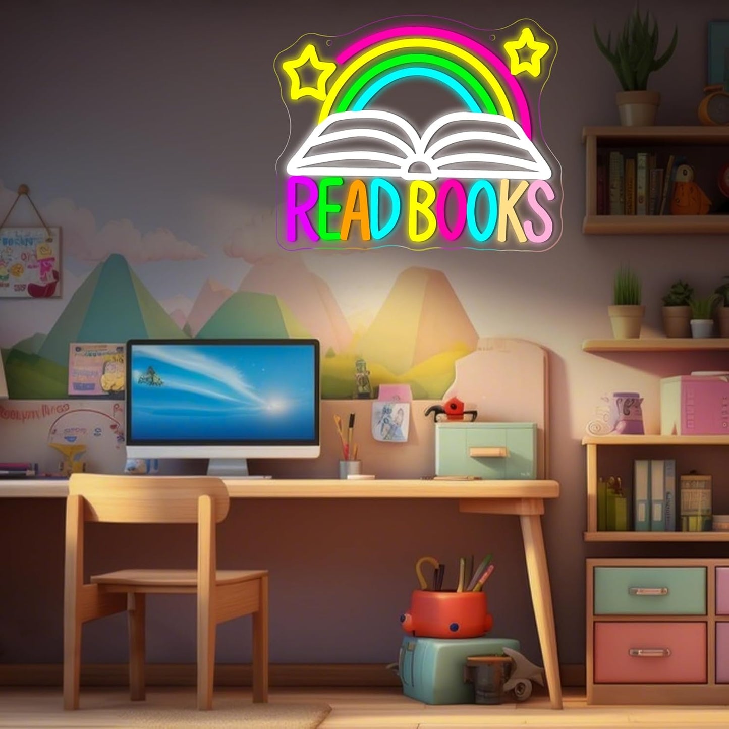 Read Books Neon Sign for Wall Decor Read Book Neon Light for Library Dimmable Rainbow Reading LED Light Up Sign for Classroom Study Room Bedroom Bookstore Birthday Gifts Size 13.7 * 11.2 In(TWP238)