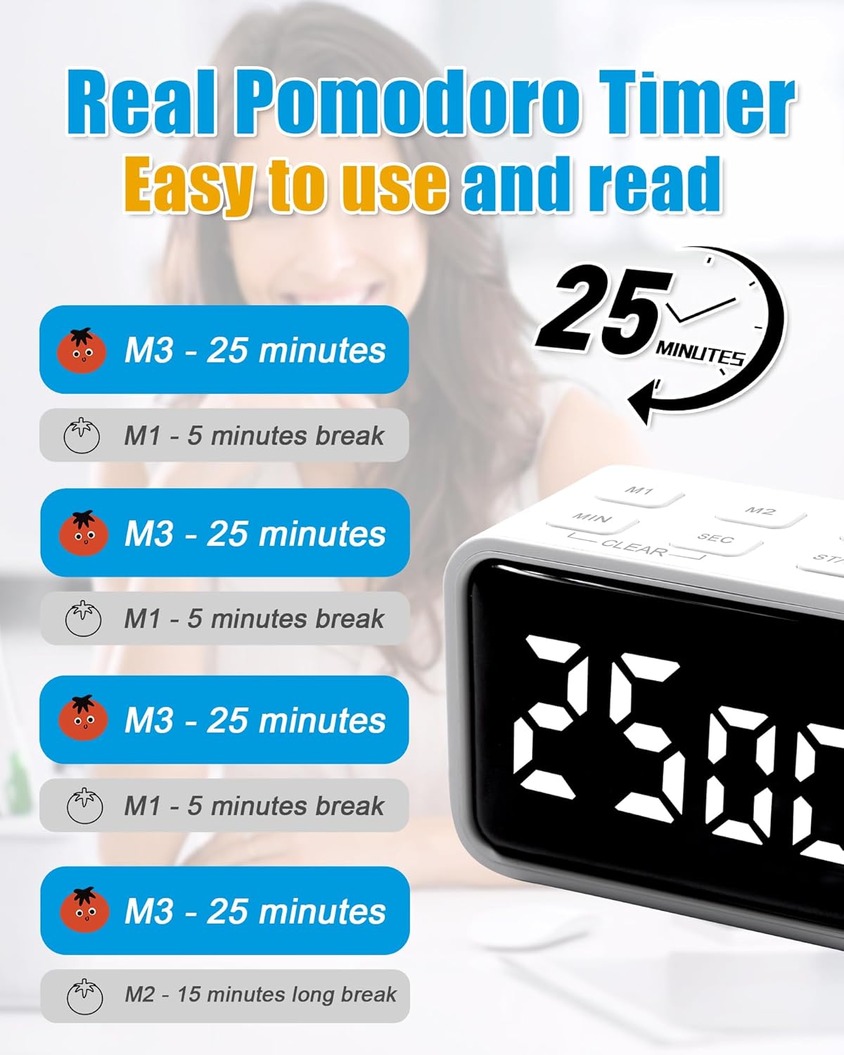 Digital Pomodoro Timer for Desk Productivity, 5/15/25-Minute Default Settings, Small Timer for Kids, Study & Tasks, USB Rechargeable Time Management Tool