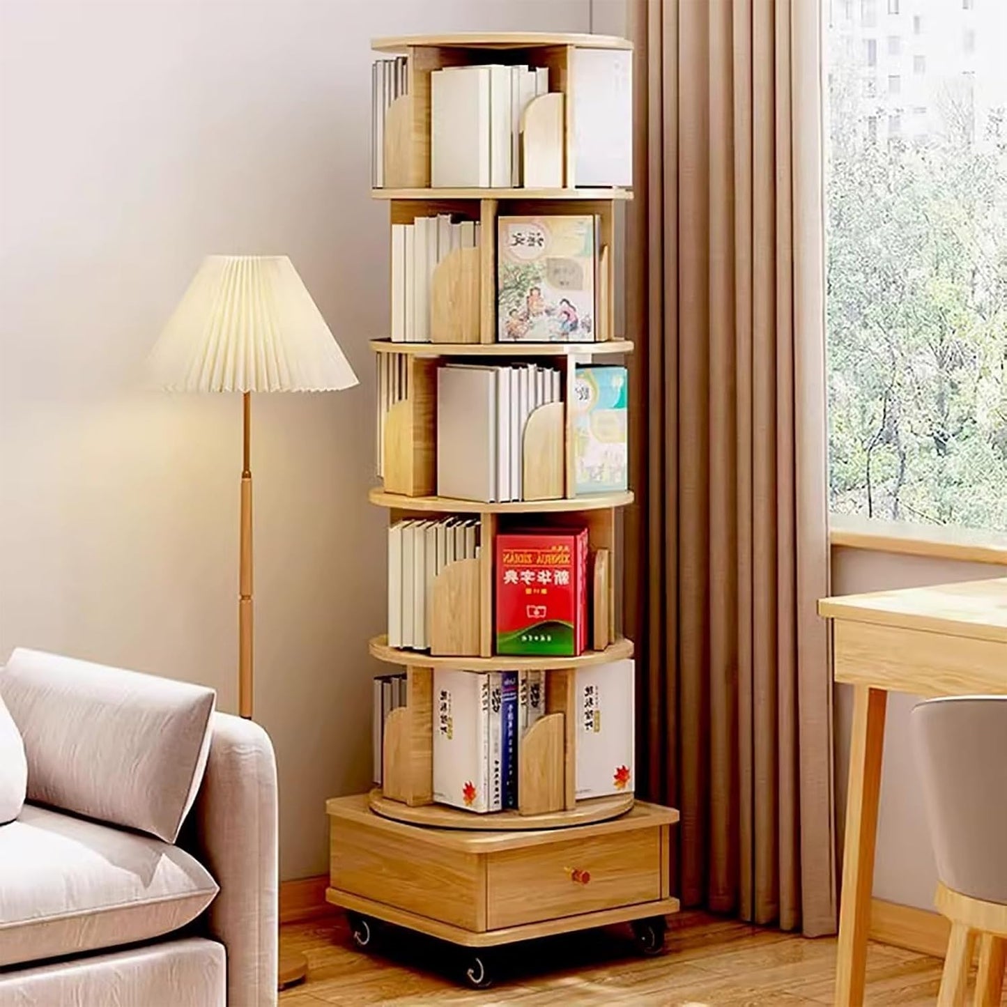 5 Tier Rotating Bookshelf 360 Display With Wheels Spinning Bookshelf Tower For Adult Floor Standing Bookcase Dtorage Rack With Drawer Circular Bookshelf Rotating For Living Room Study Room Office