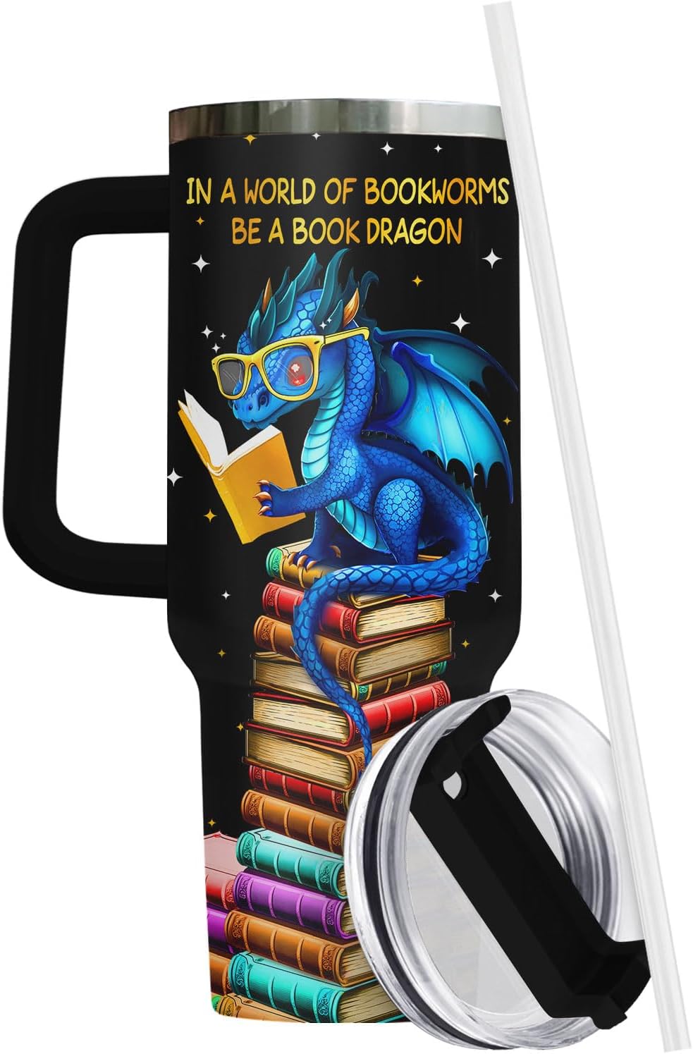 34HD Dragon Reading Books Tumbler 40oz with Handle and Straw, In a World of Bookworms Insulated Travel Coffee Mug, Bookish Items to Men & Women - Birthday Gifts for Book Lovers and Readers