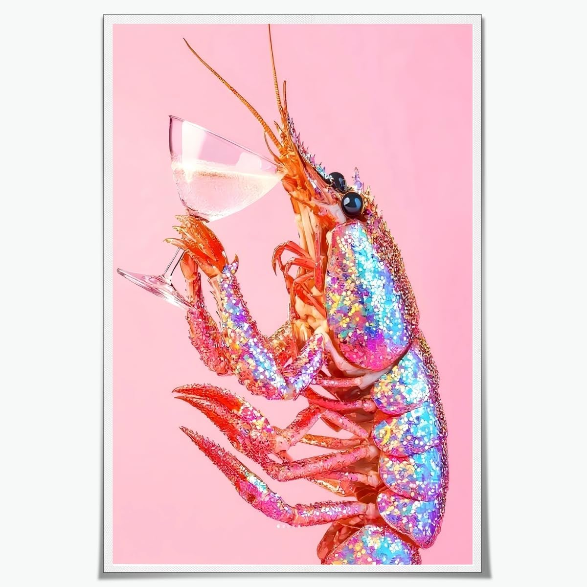 Psychedelic Pink Lobster Cocktail Wall Art Funny Crayfish Martini Poster Trippy Coastal Beach Aesthetic Canvas Prints Colorful Shrimp Picture Funky Seafood Decor for Kitchen Bar 16x24inch Unframed