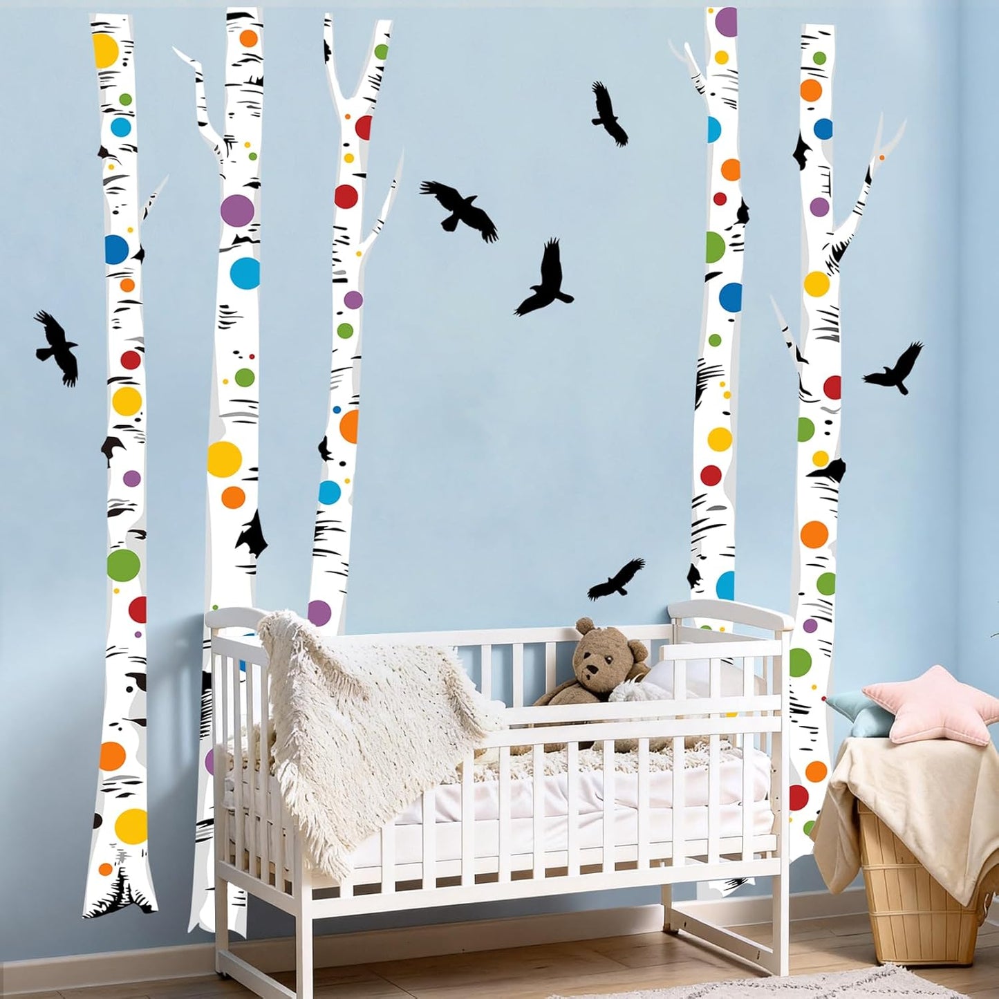 Birch Tree Wall Decals – Colorful Polka Dot Birch Tree Stickers for Aisle Bedroom Office Sofa TV Backdrop, Removable Peel and Stick Decal, Easy DIY Home Décor (5 Trees, H63)