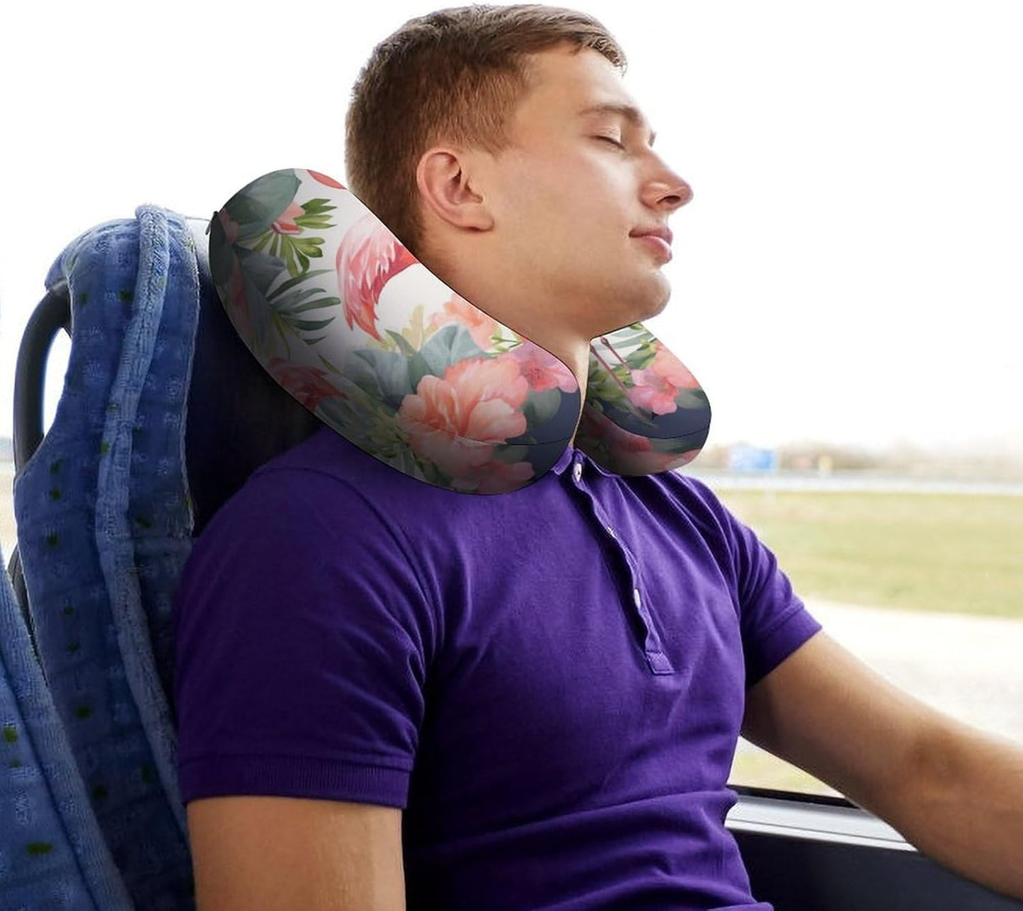 Flamingos and Flowers Neck Pillow Memory Foam U Shaped Pillows Portable Pillows for Shoulder Travel Head Support Pillow with Concealed Zipper for Airplane Car Home Office